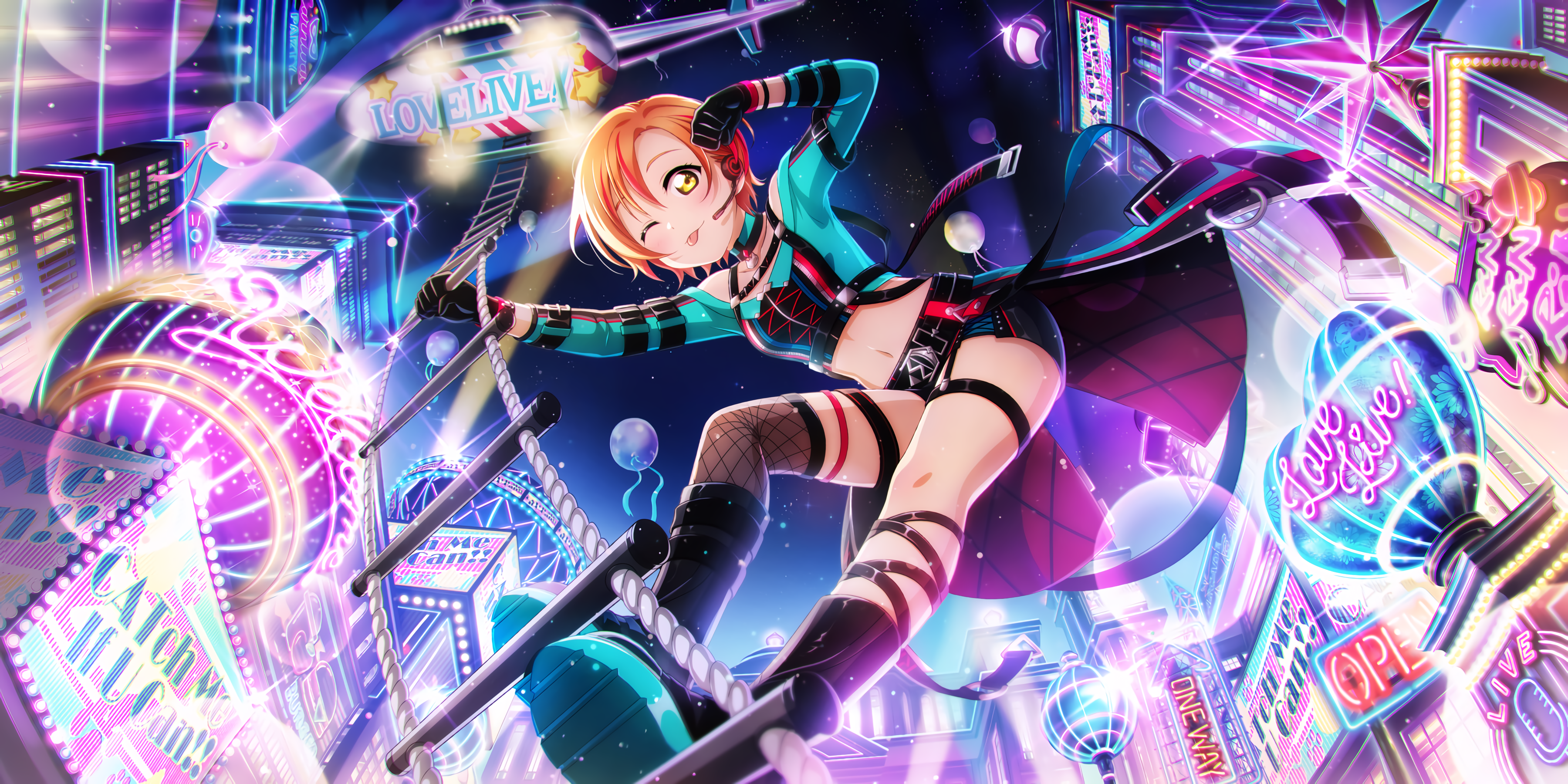Hoshizora Rin from Love Live! in a neon city HD Wallpaper