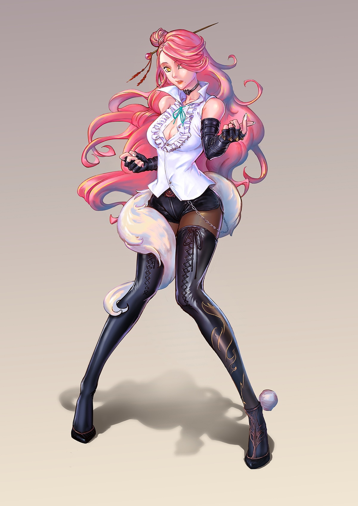 Anime girl with pink hair and fox tail HD Phone Wallpaper