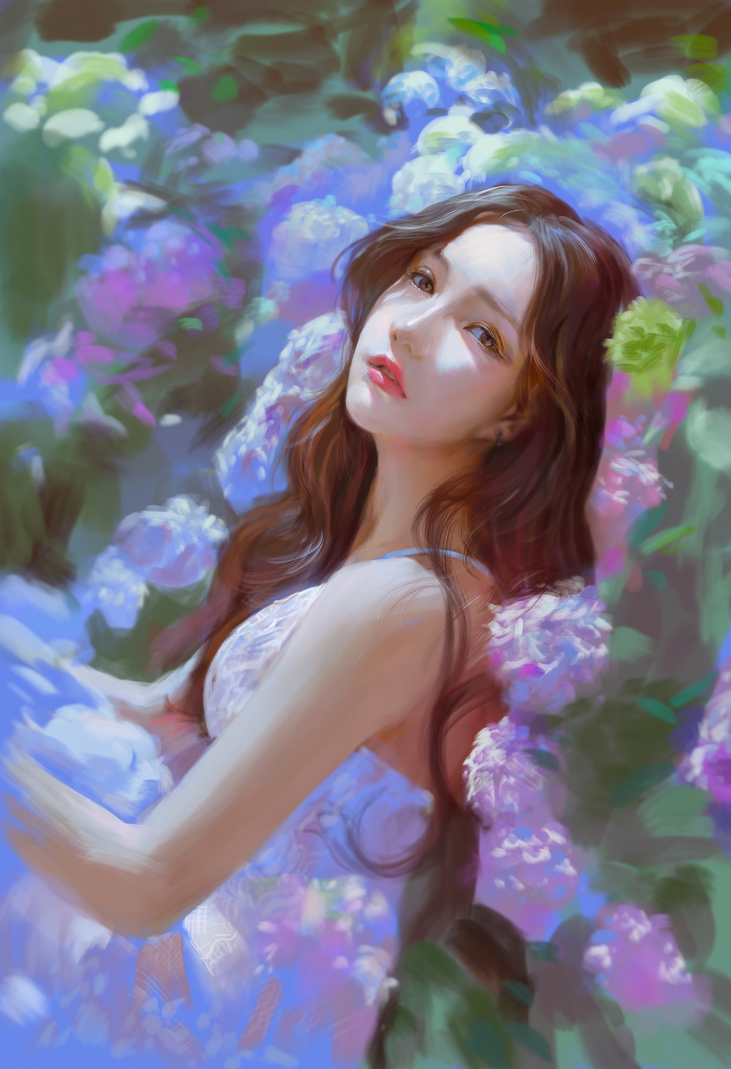 Woman with long brown hair among purple and blue flowers HD Phone Wallpaper