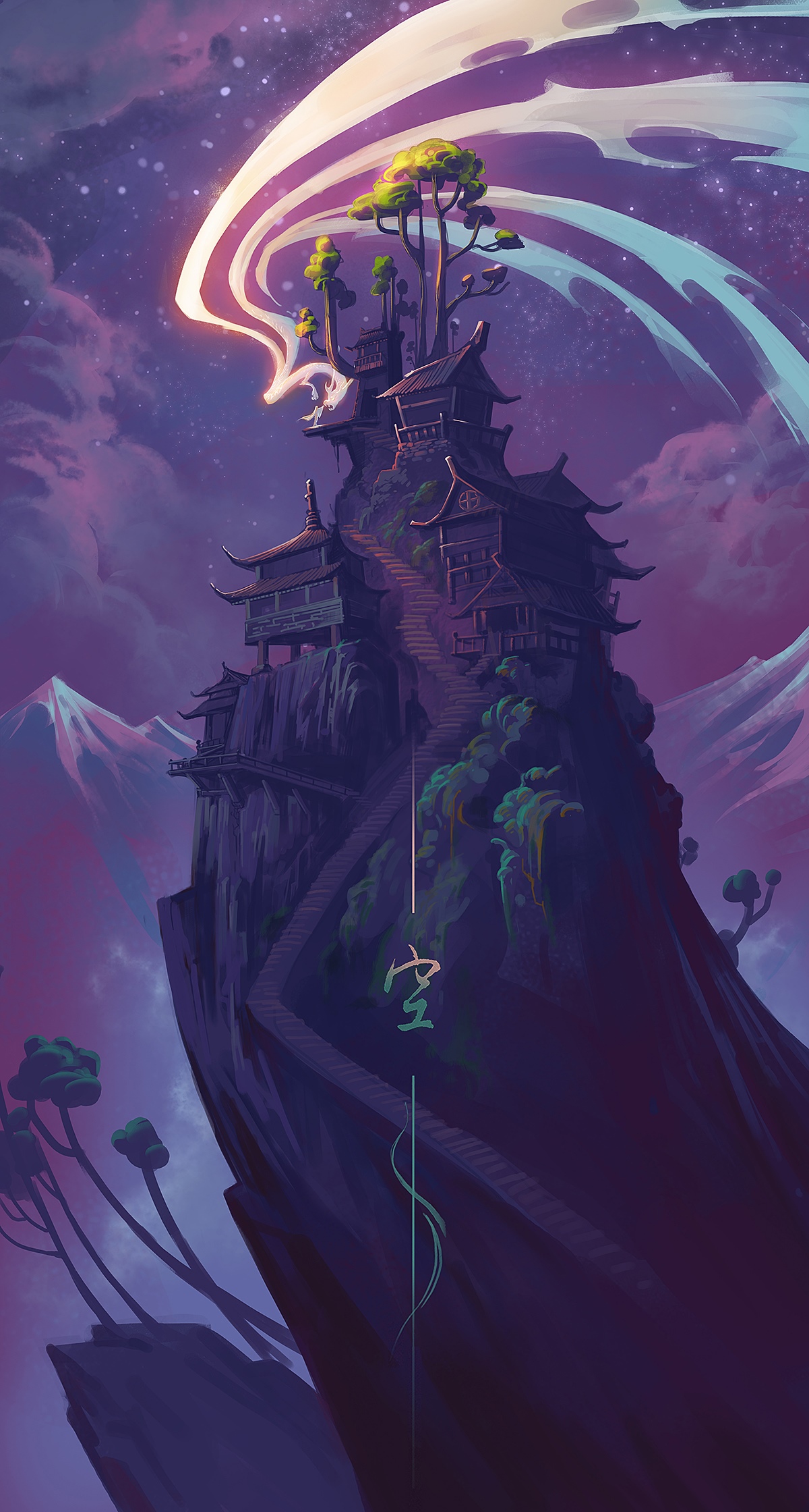 Fantasy art of a temple on a cliff HD Phone Wallpaper