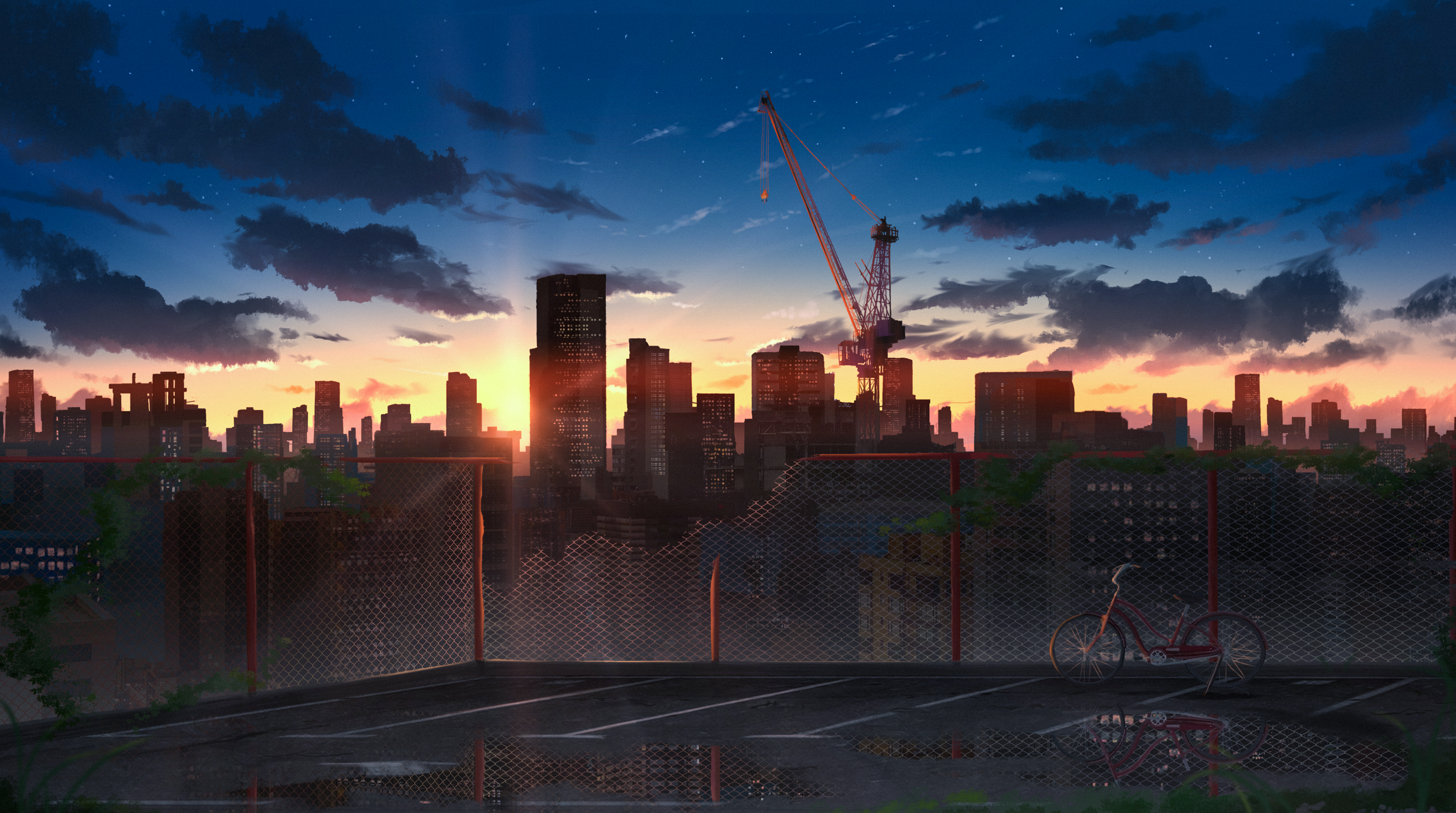4K city skyline with cranes and bicycle at sunset HD Wallpaper