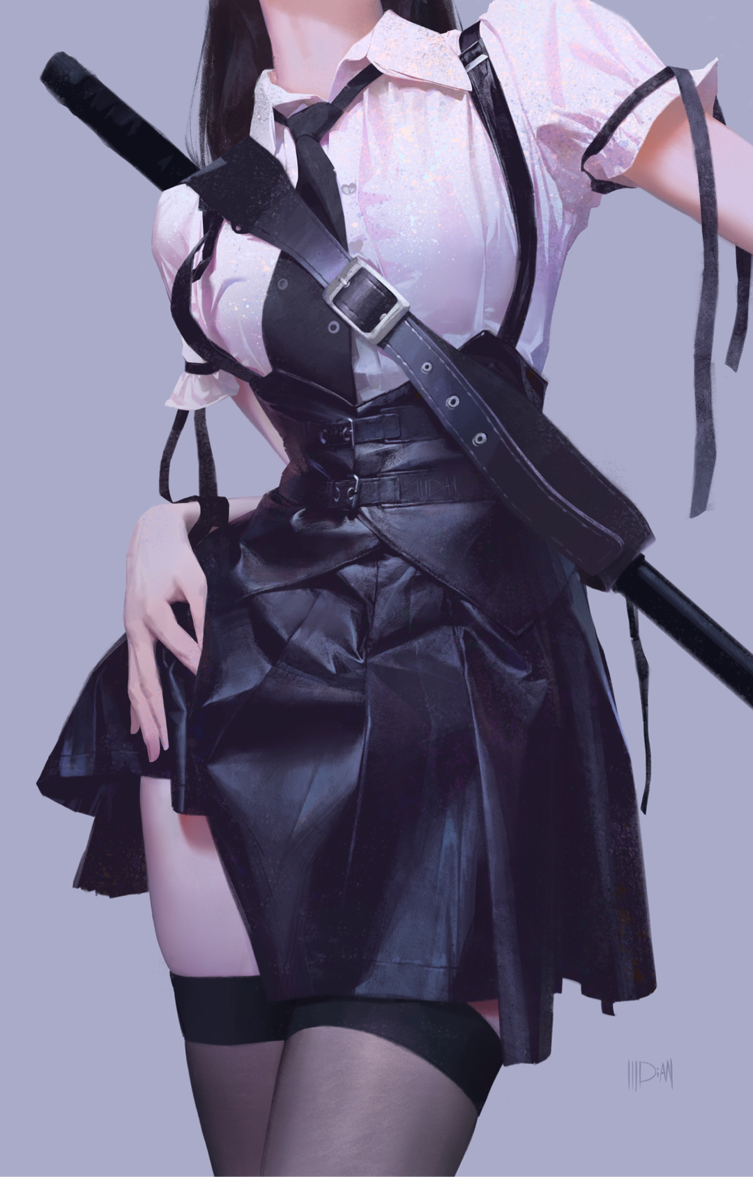 Woman with sword, black skirt, and white blouse HD Phone Wallpaper