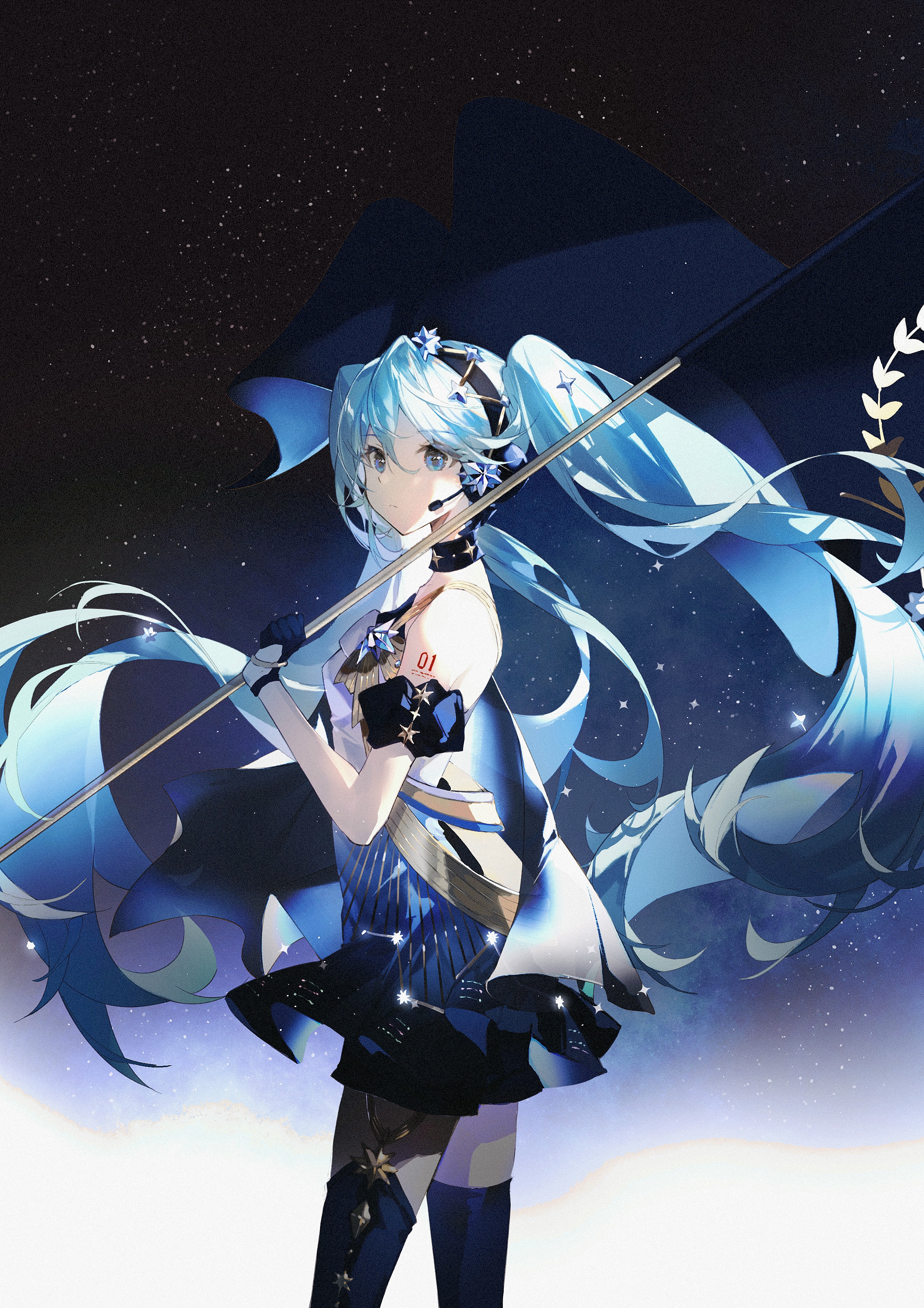 Hatsune Miku holding a flag with a starry background HD Phone Wallpaper