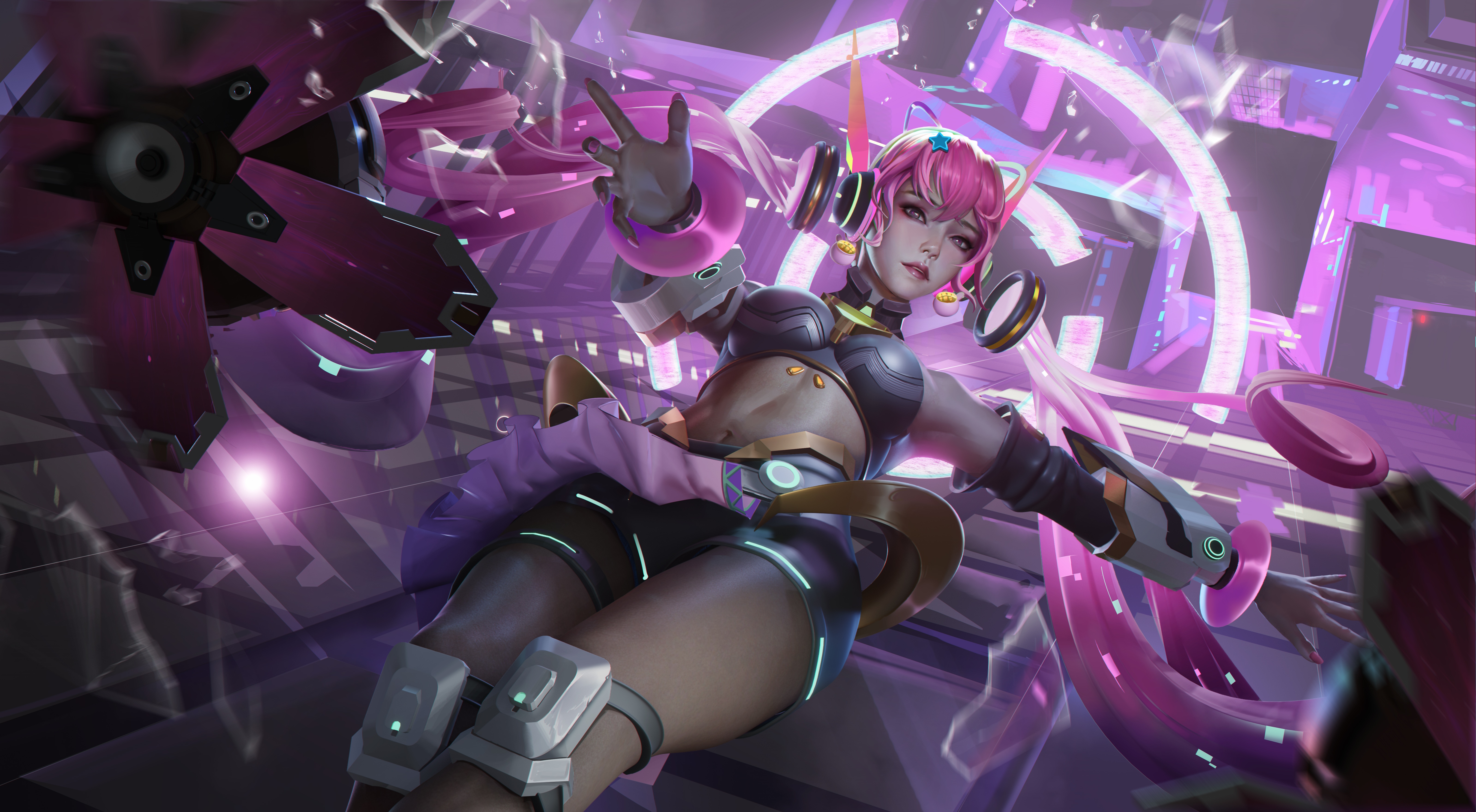 Artwork of a woman with pink hair and headphones HD Wallpaper
