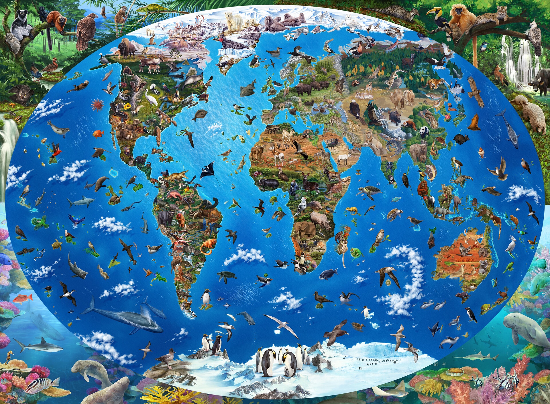 World map with diverse animals on continents and in oceans HD Wallpaper