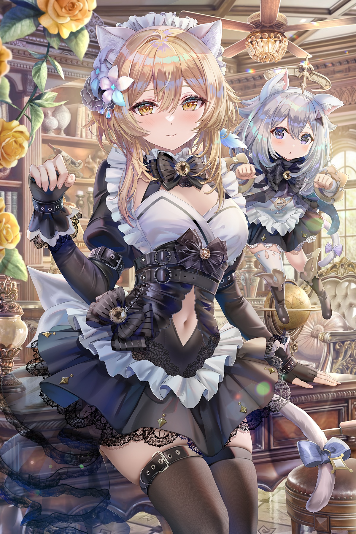 Maid Outfit Cat Girls with Flowers HD Phone Wallpaper