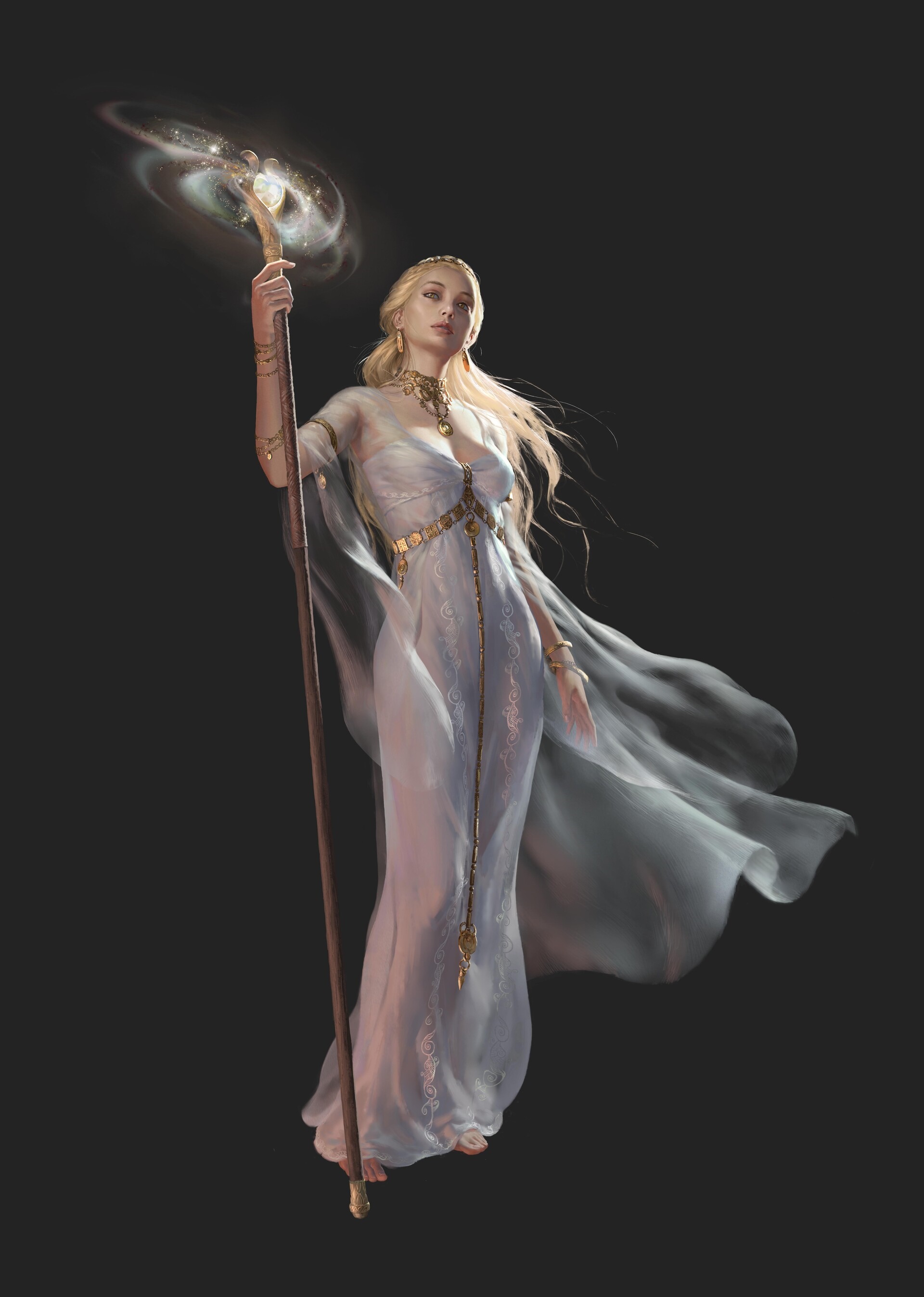 Fantasy woman with blonde hair holding a staff HD Phone Wallpaper
