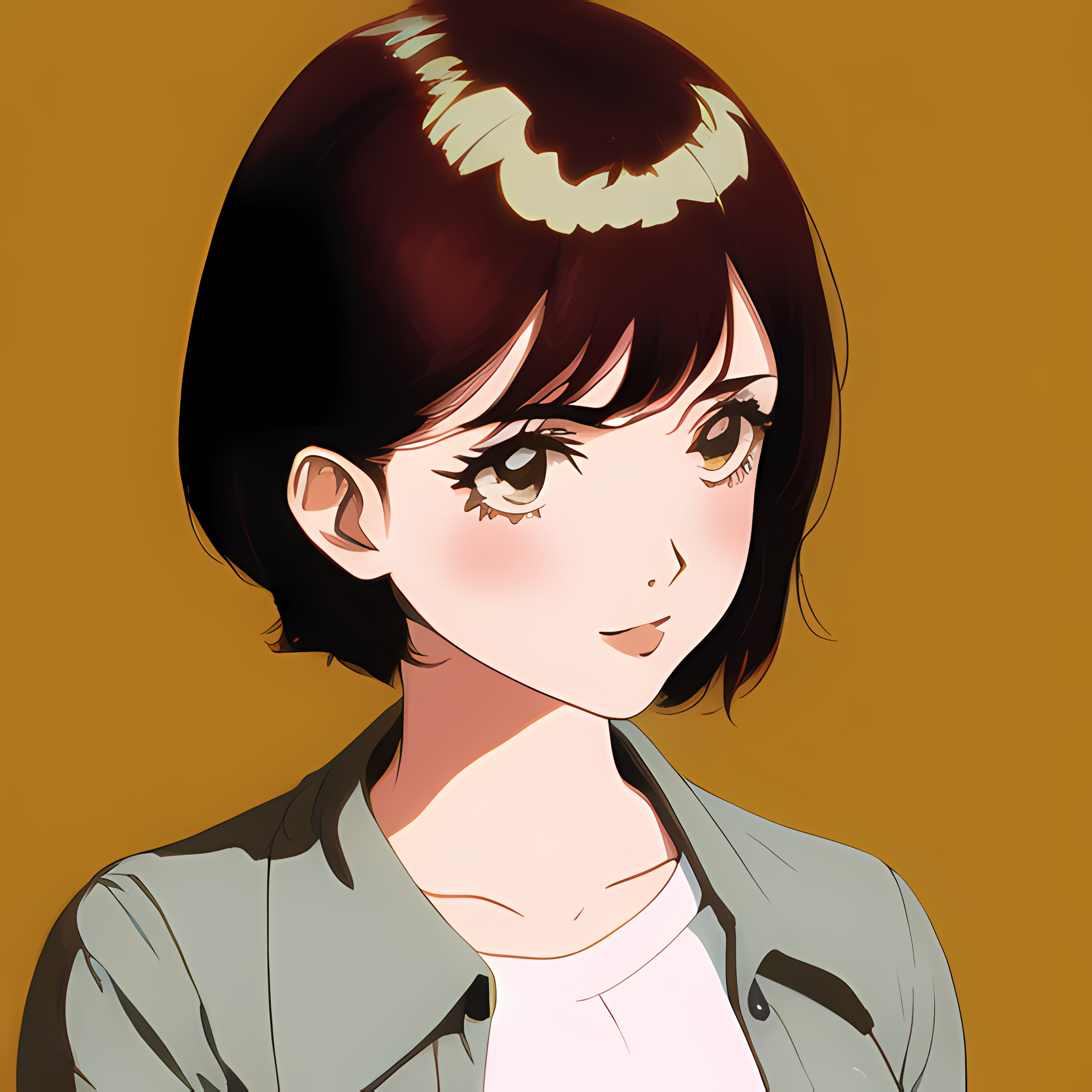 Anime girl with short brown hair and orange background HD Wallpaper