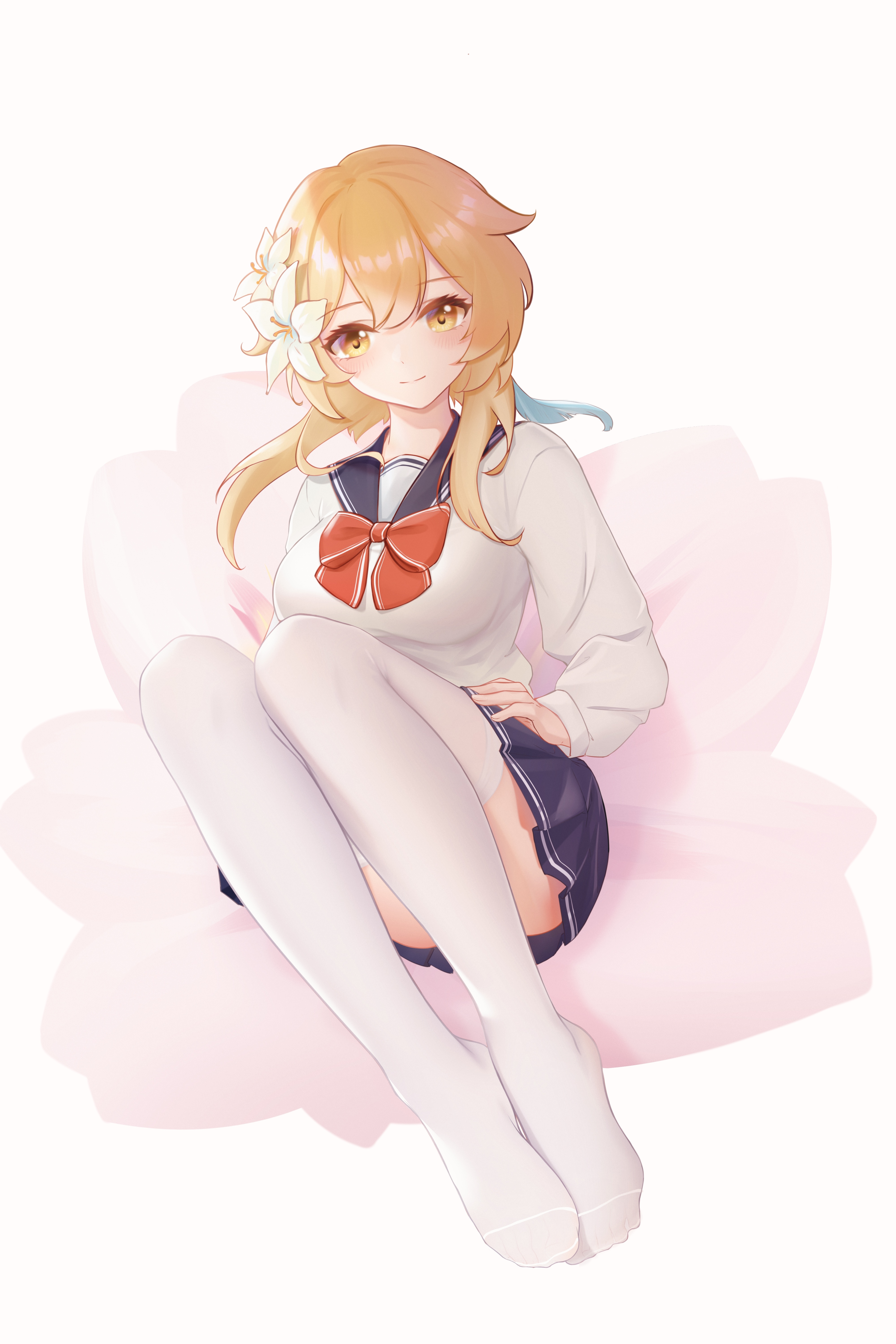 Lumine in a school uniform sitting on a flower HD Phone Wallpaper