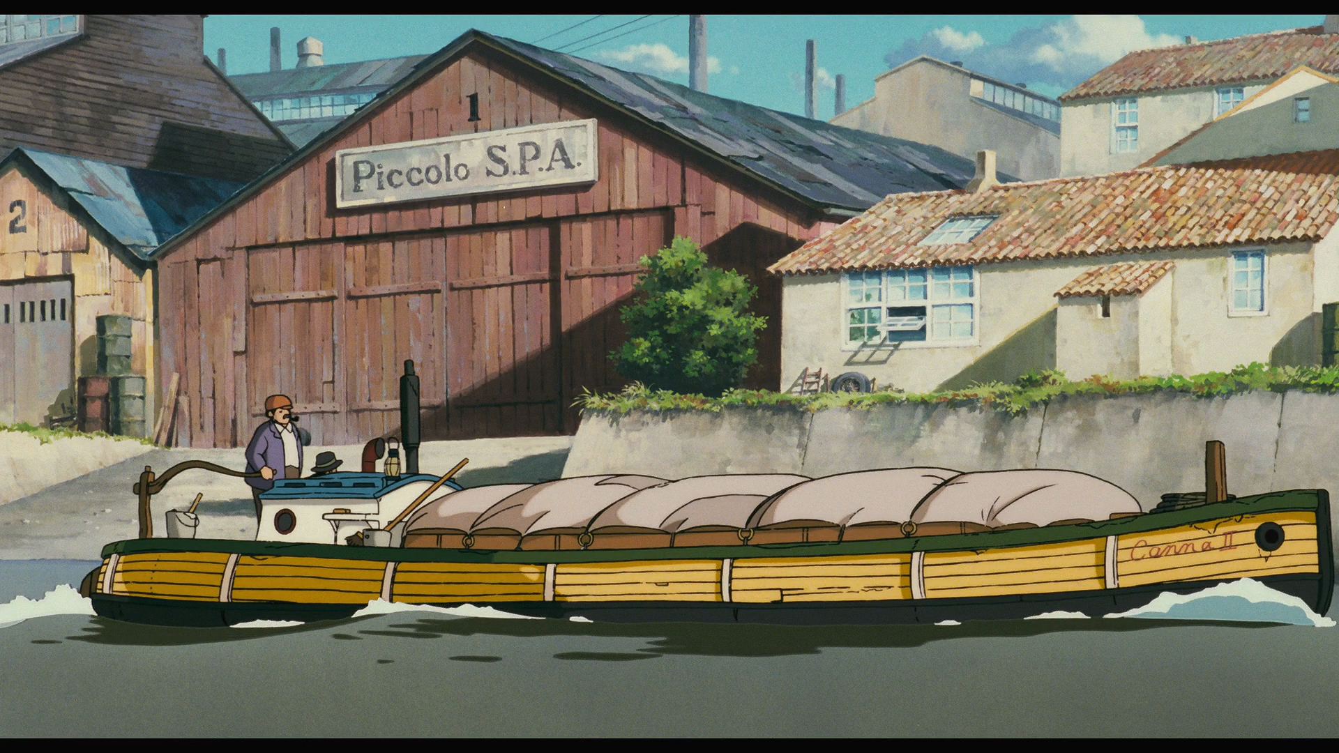 Porco Rosso boat sailing past industrial buildings HD Wallpaper