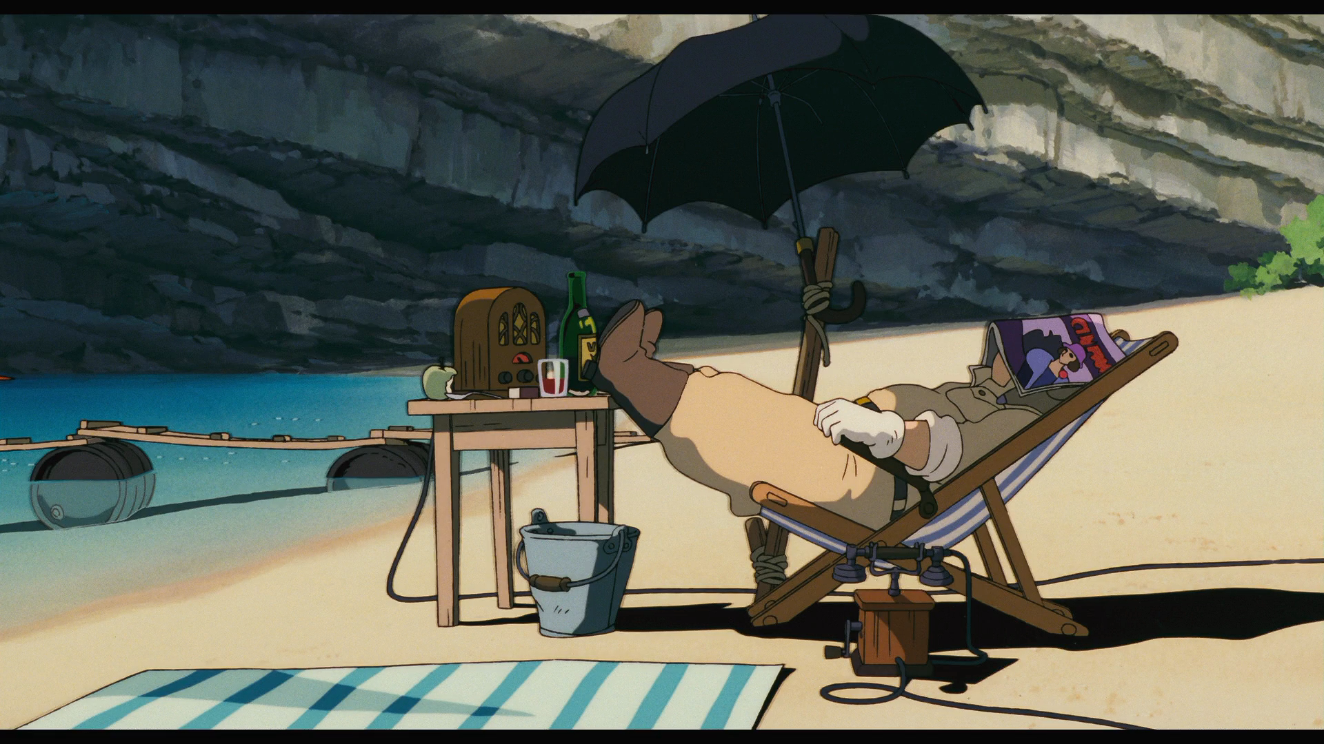 Porco Rosso relaxing on a beach with a radio HD Wallpaper