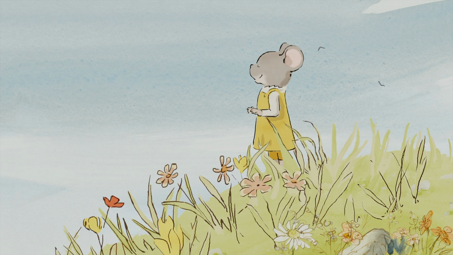Celestine the mouse in a yellow dress in a field of flowers HD Wallpaper