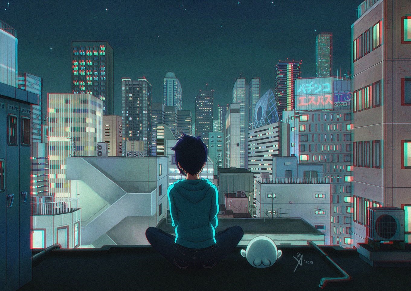 Boy and ghost on a rooftop overlooking a cityscape at night HD Wallpaper
