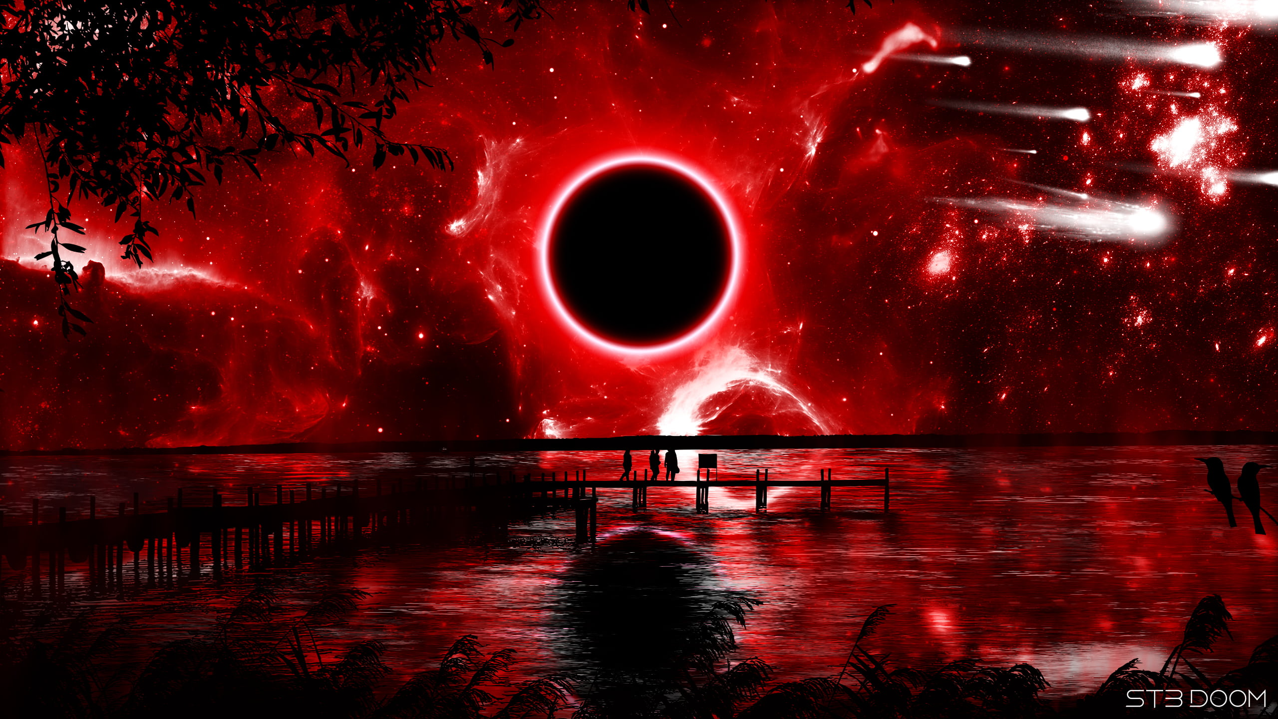 Red Nebula Eclipse Over Water with Silhouettes HD Wallpaper