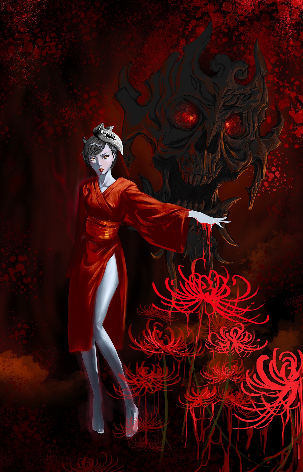 Fantasy girl in kimono with skull and red flowers HD Phone Wallpaper