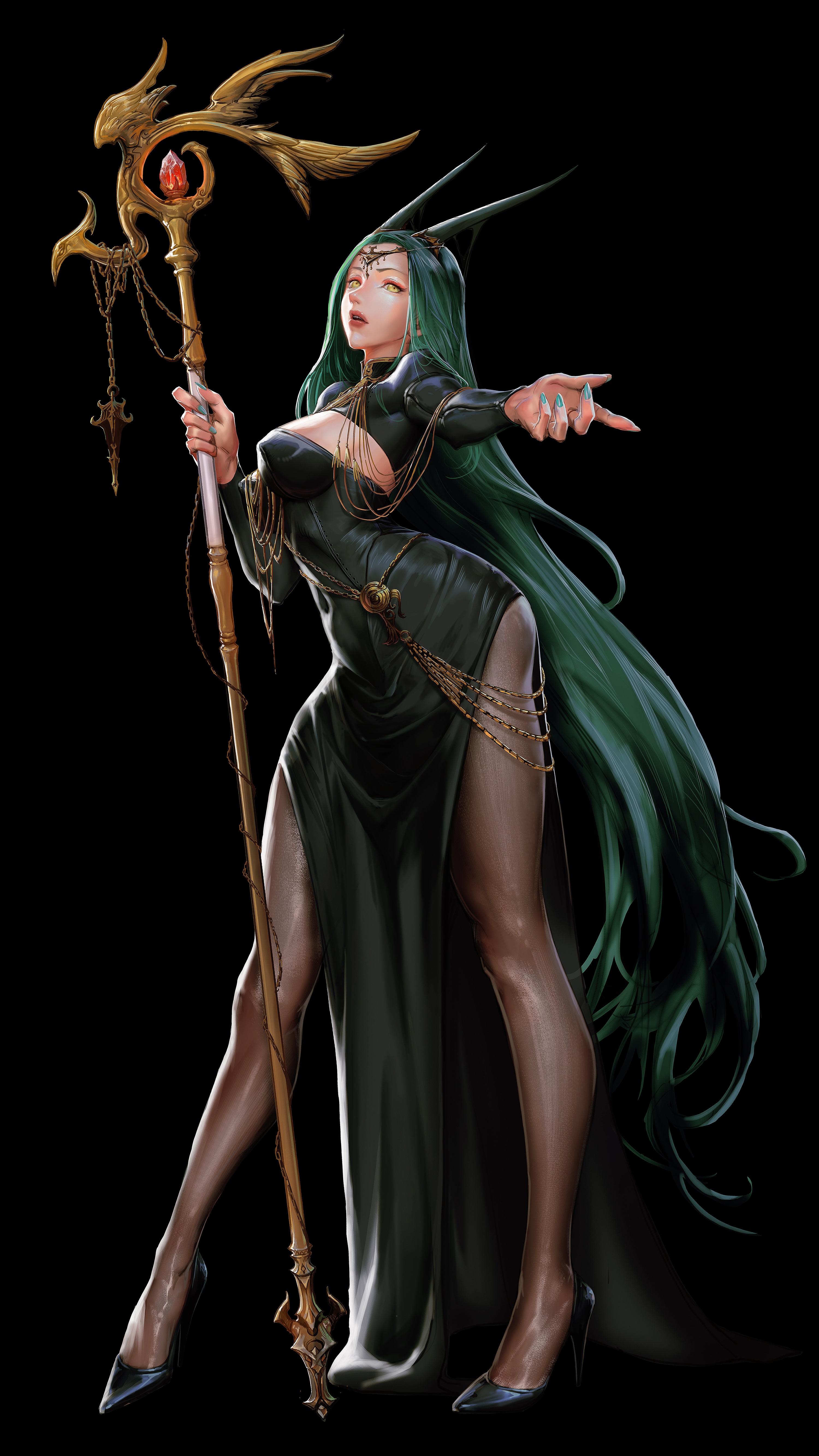 Fantasy woman with green hair and horns holding a staff HD Phone Wallpaper