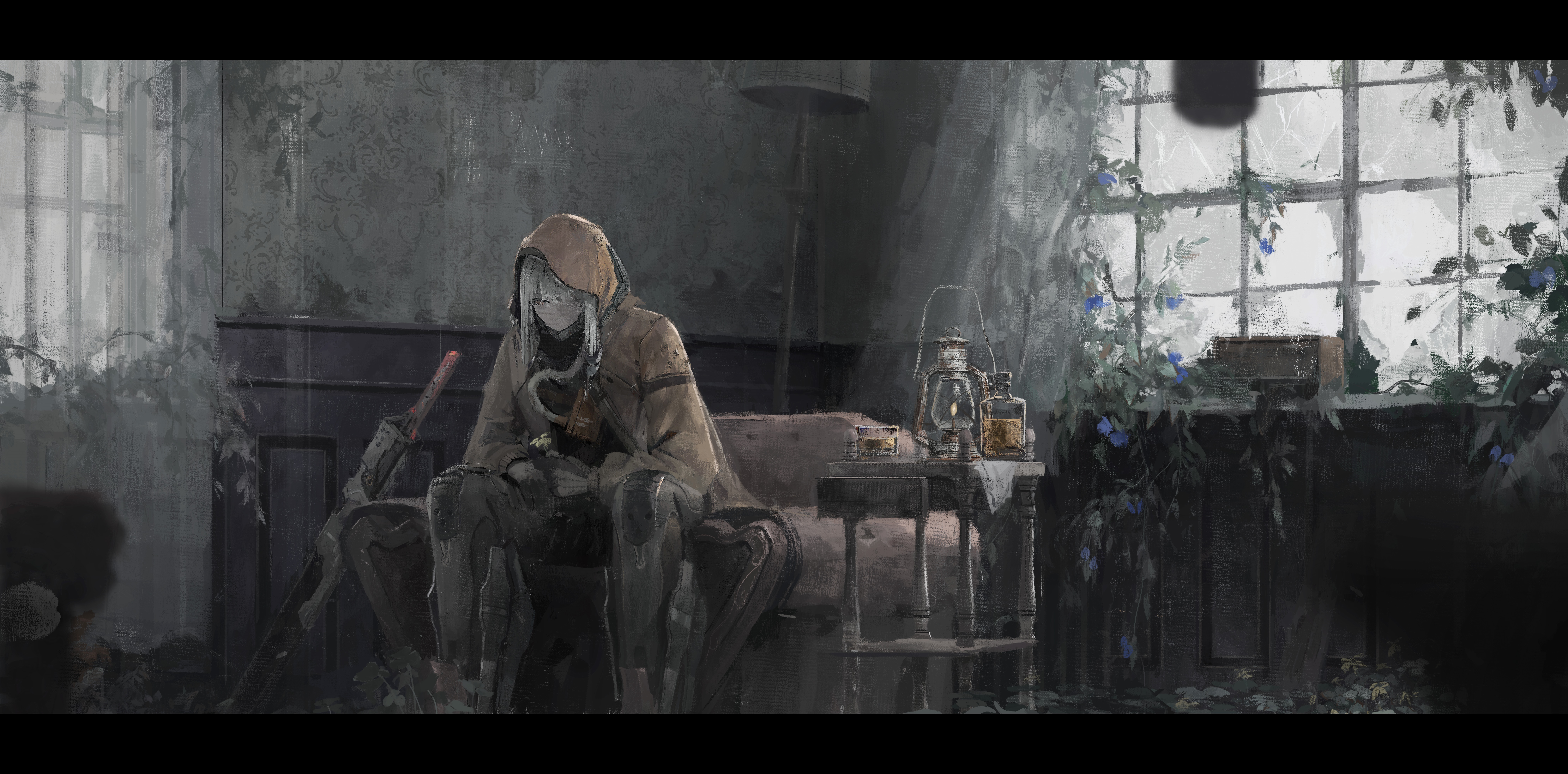 4K Artwork of a hooded figure sitting in a room HD Wallpaper
