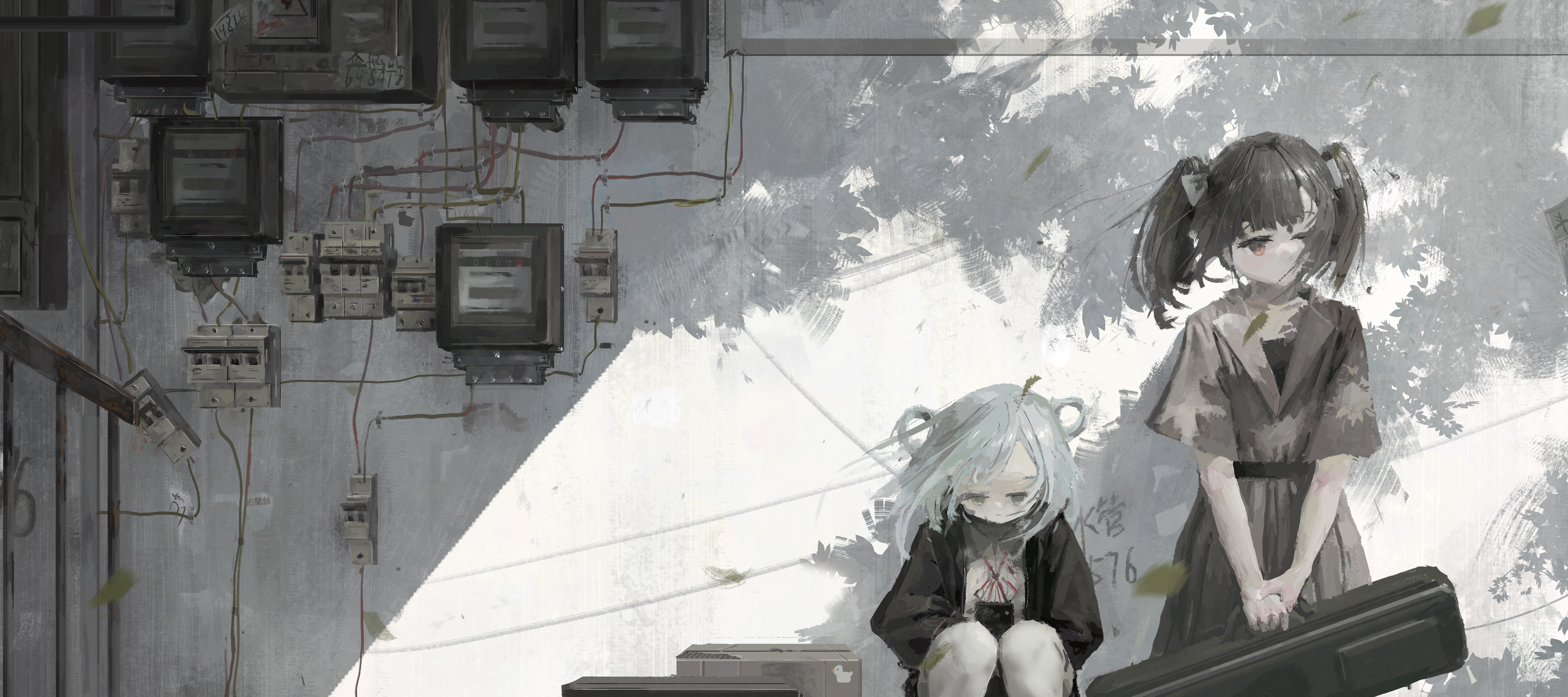 4K Anime Girls with Electrical Boxes HD Wallpaper