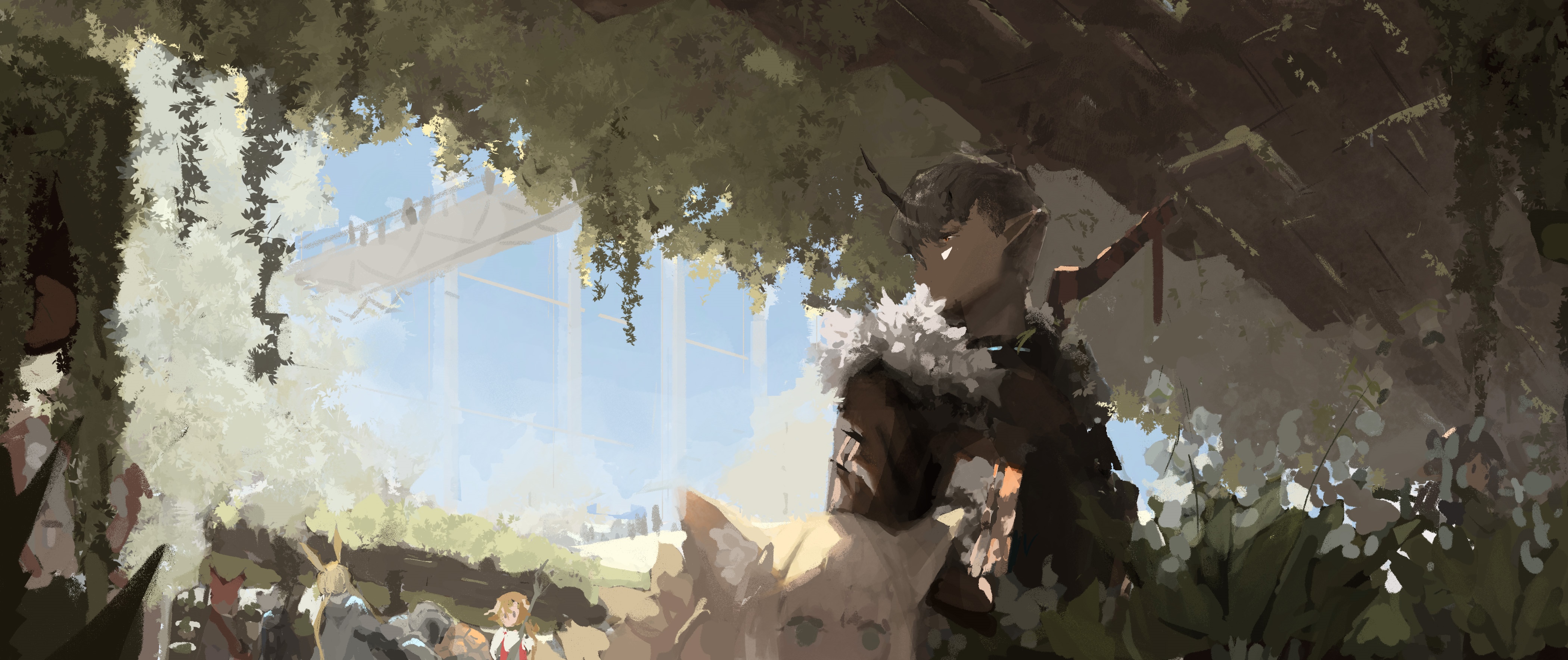 Arknights character with horns and a cat HD Wallpaper