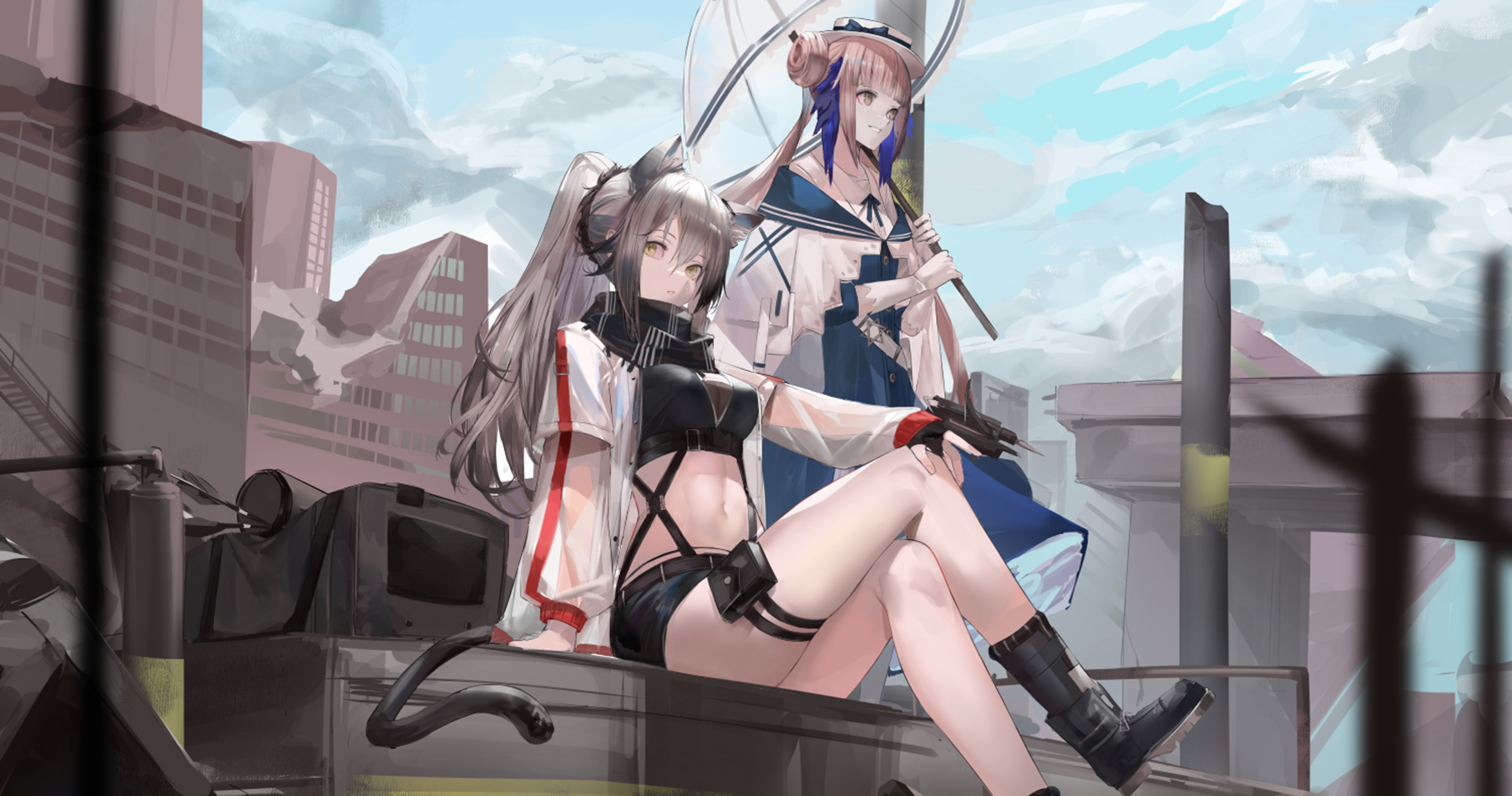 Arknights Ceylon and Schwarz in a ruined city HD Wallpaper
