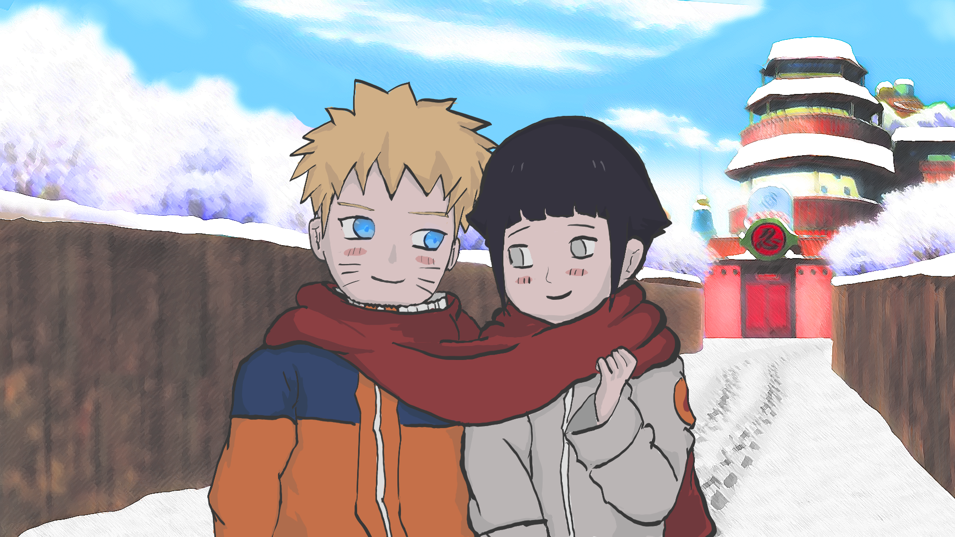 Naruto and Hinata sharing a scarf in the snow HD Wallpaper