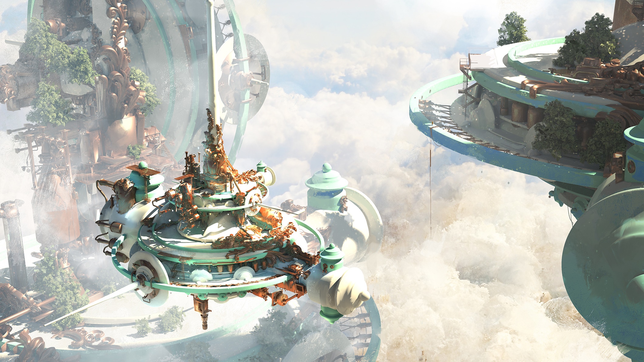 Fantasy steampunk city floating in the clouds HD Wallpaper