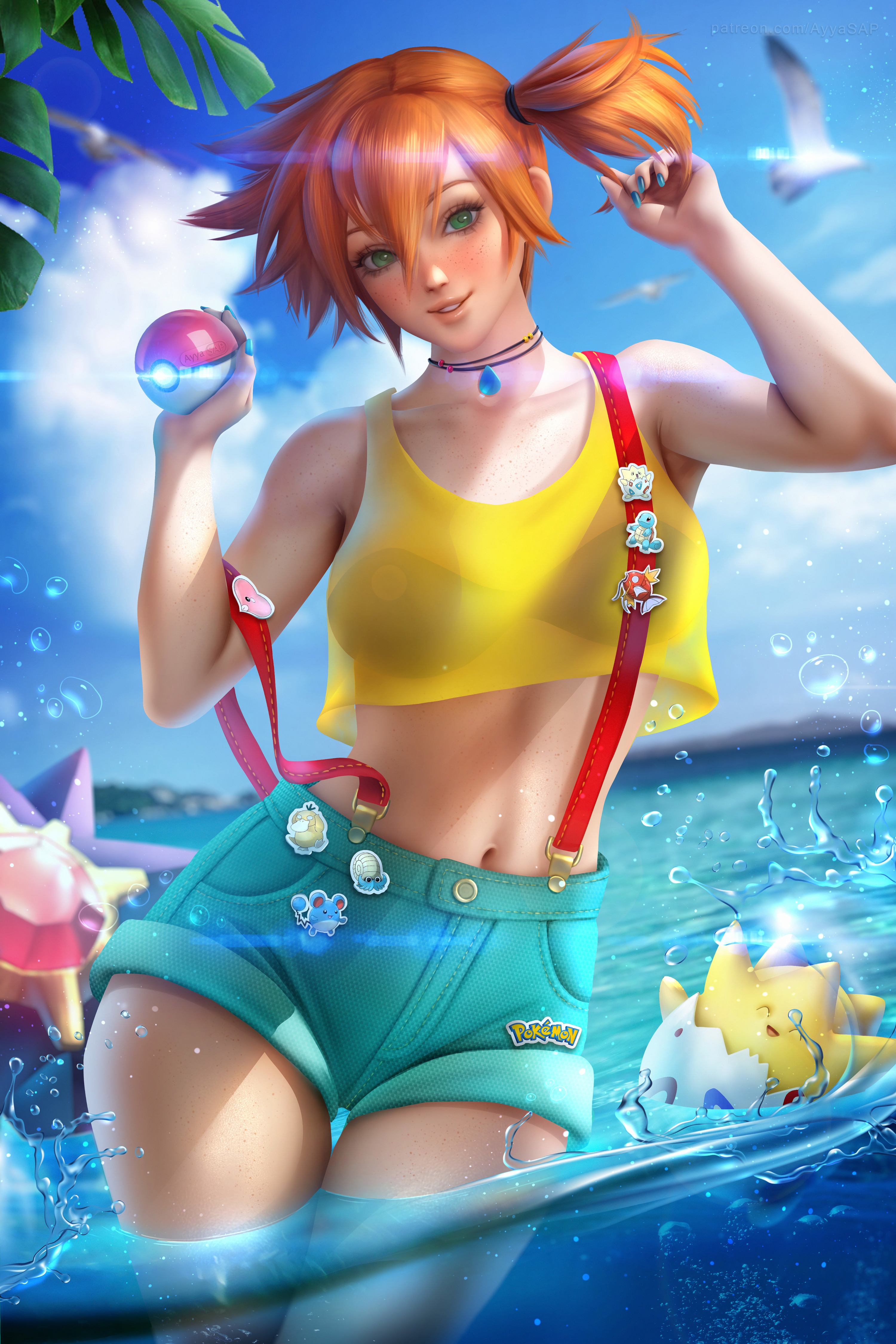Misty from Pokémon holding a Poke Ball in water HD Phone Wallpaper