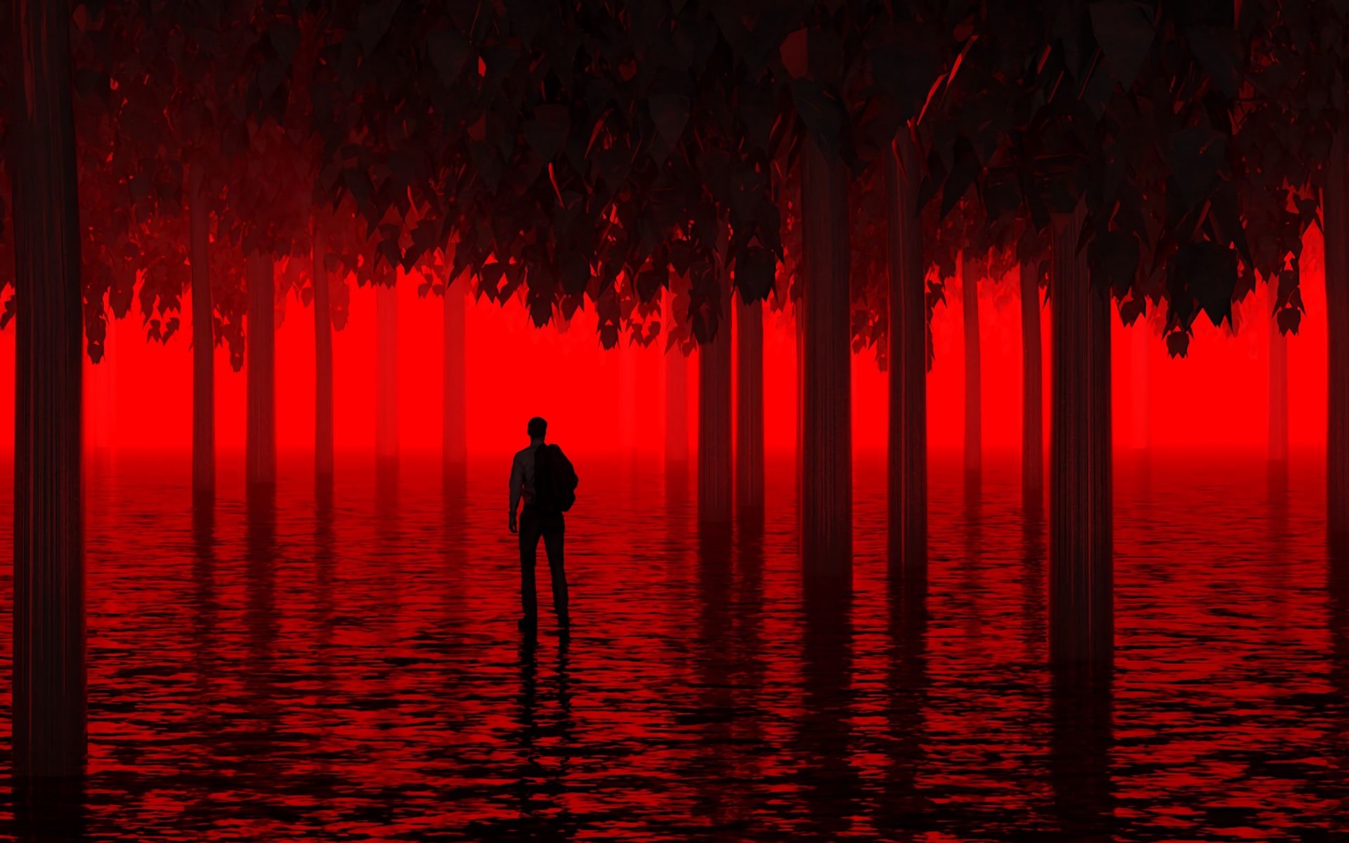 Man standing in a red, watery forest HD Wallpaper