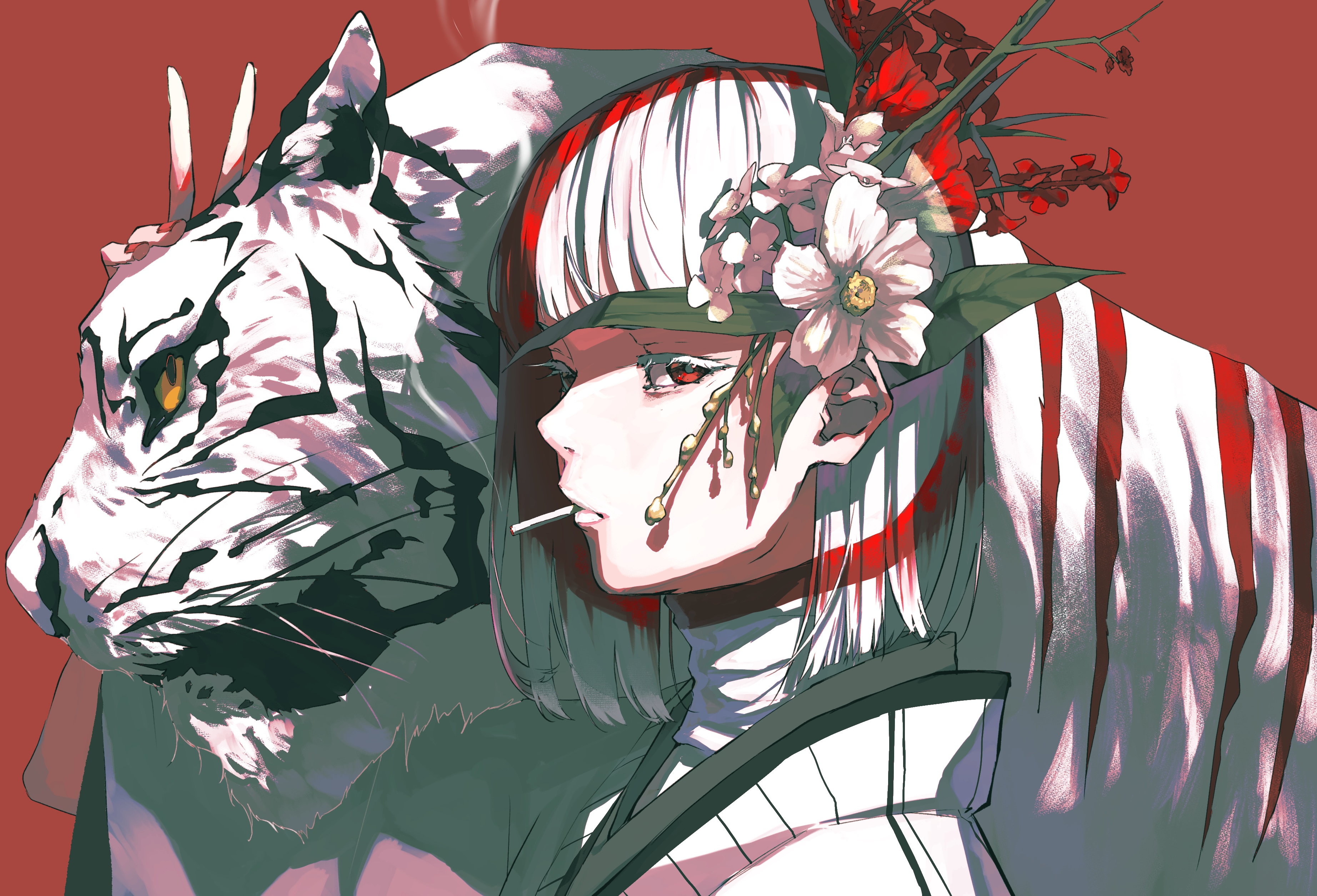 Girl with flower in hair and white tiger HD Wallpaper