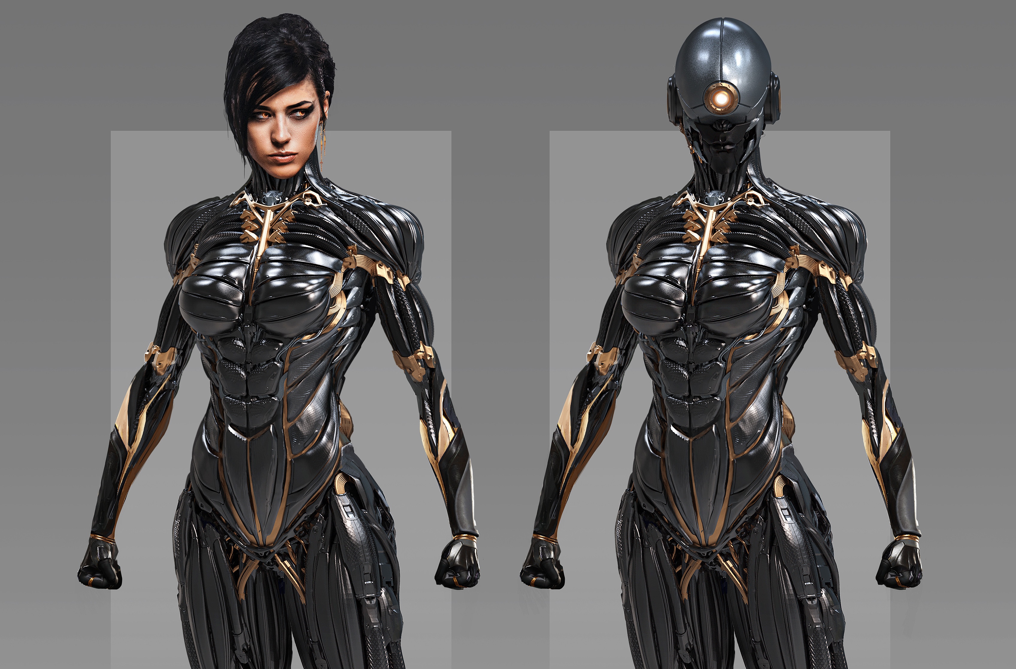 Futuristic woman in a black and gold nanosuit HD Wallpaper