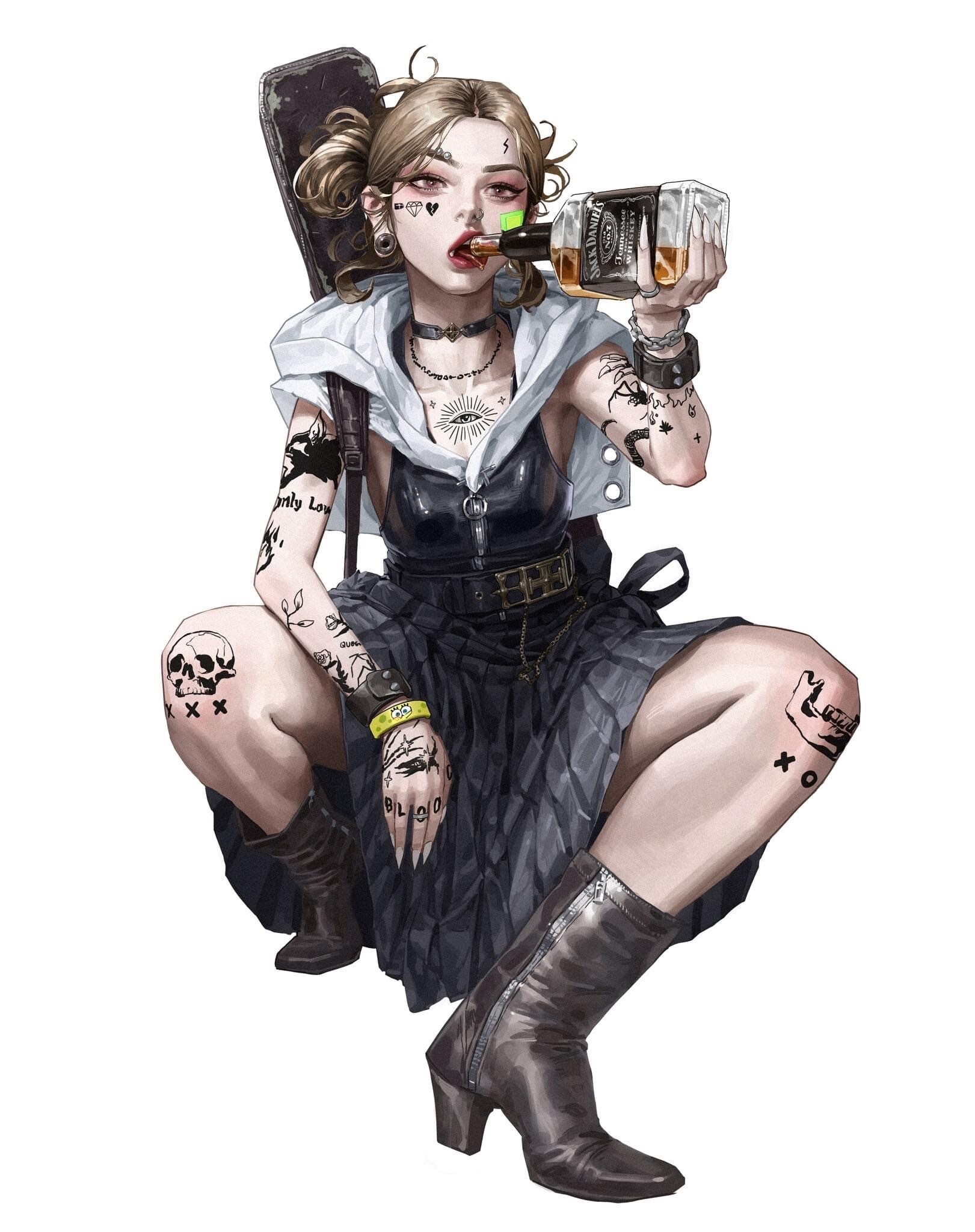 Fantasy girl drinking Jack Daniels with tattoos HD Phone Wallpaper