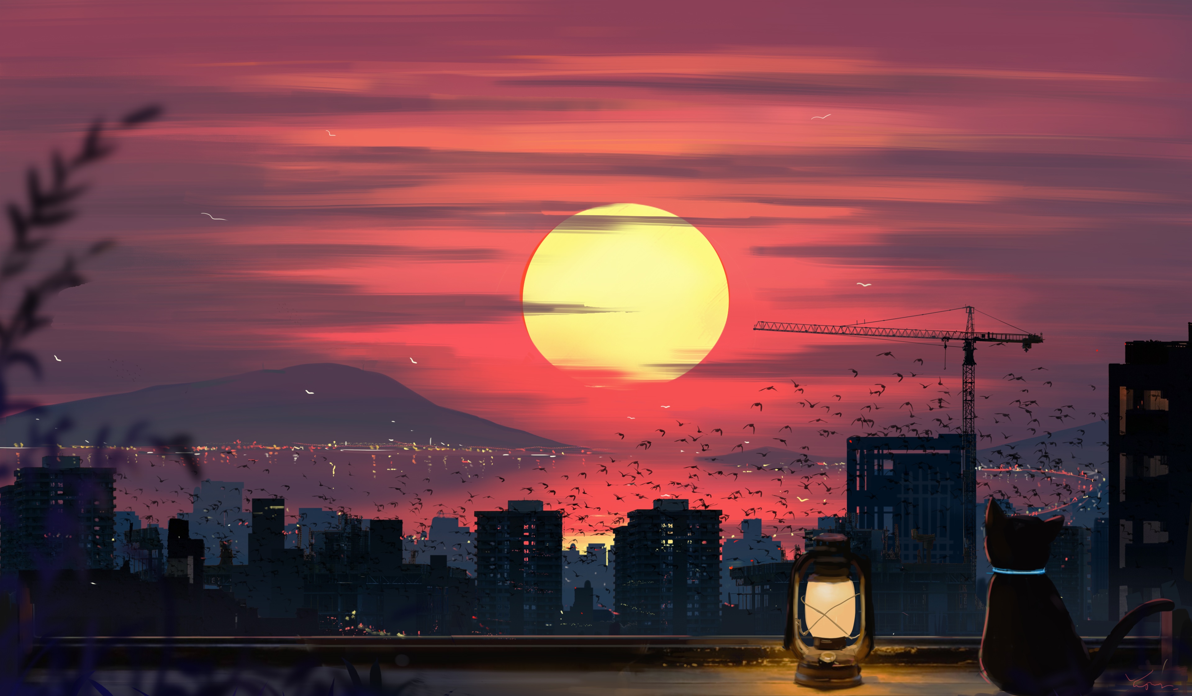 4K Sunset Over Cityscape with Cat and Crane HD Wallpaper