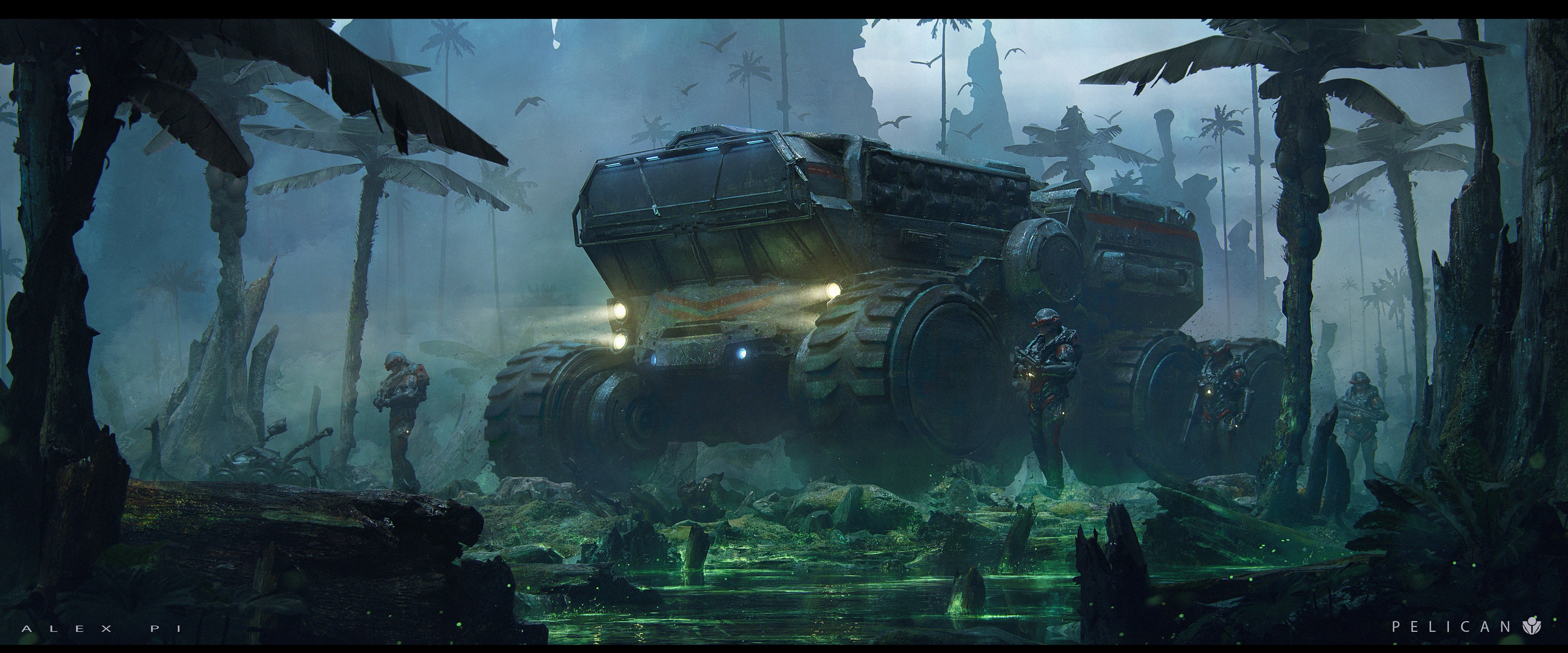 4K futuristic military vehicle in a swamp HD Wallpaper