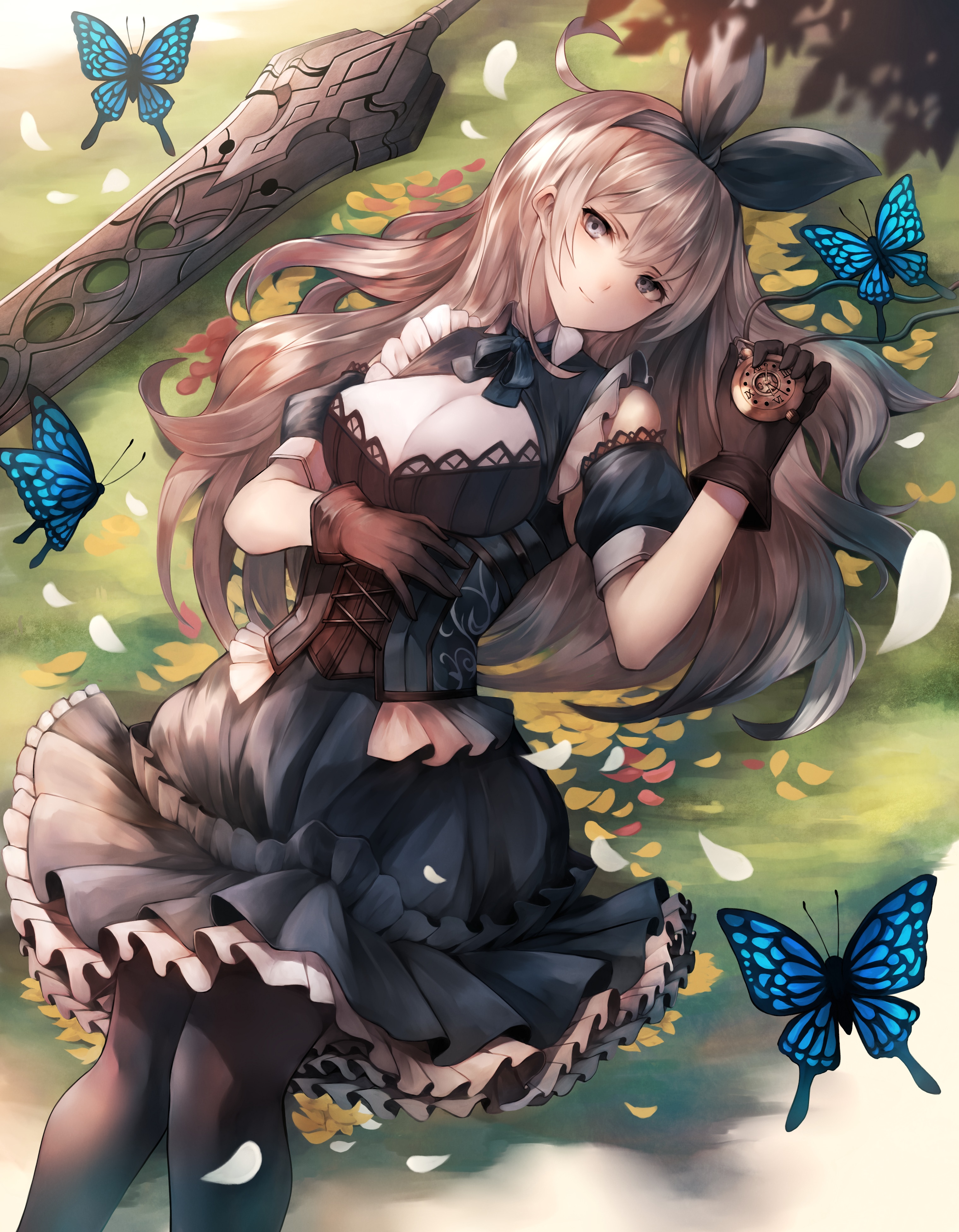 Girl in a dark dress with butterflies and a sword HD Phone Wallpaper
