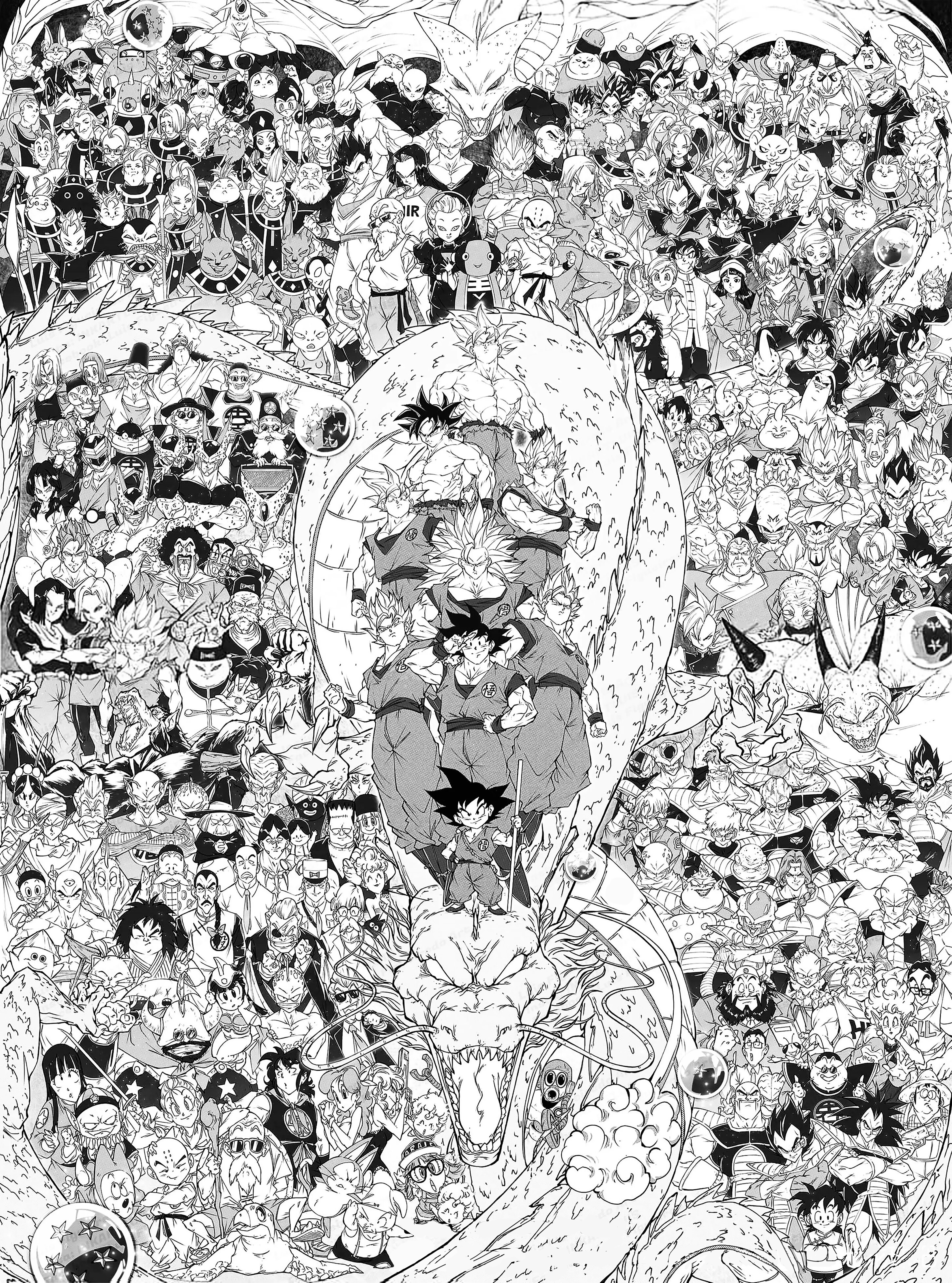 Dragon Ball Characters and Shenron Drawing HD Phone Wallpaper