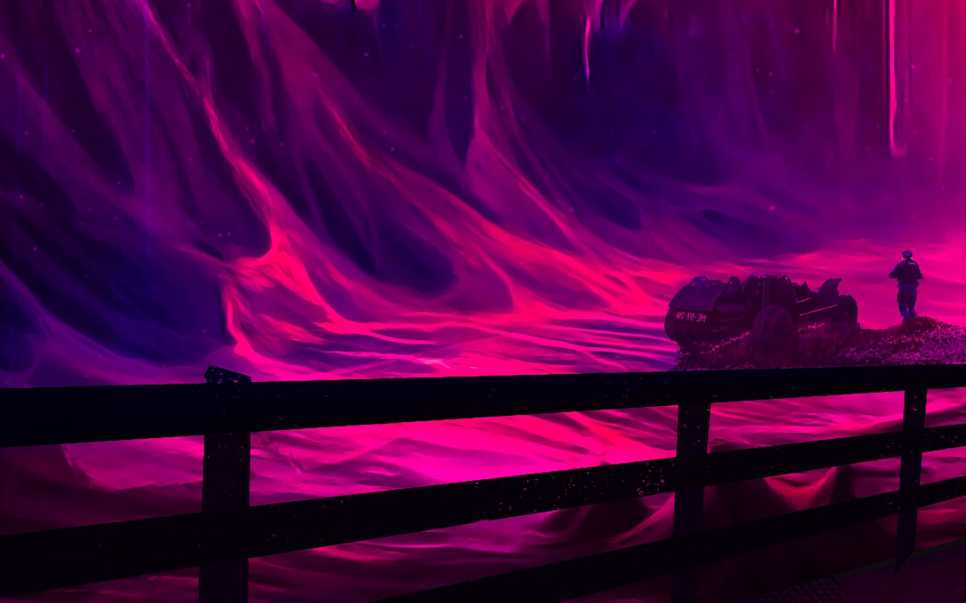 Soldier standing near APC in a pink and purple nebula HD Wallpaper