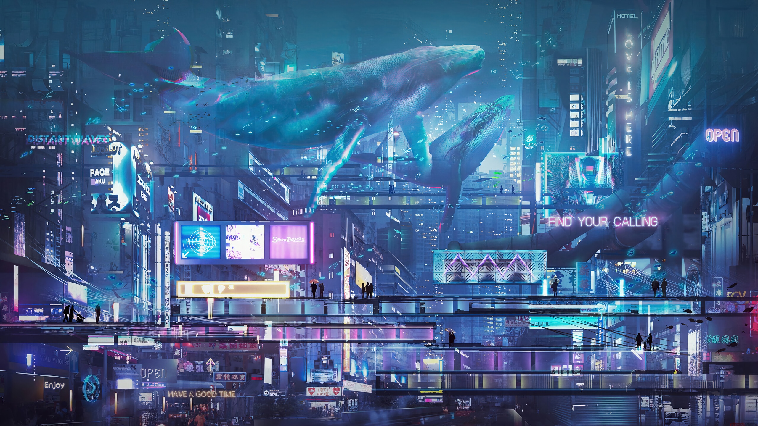 Cyberpunk Cityscape with Flying Whales HD Wallpaper