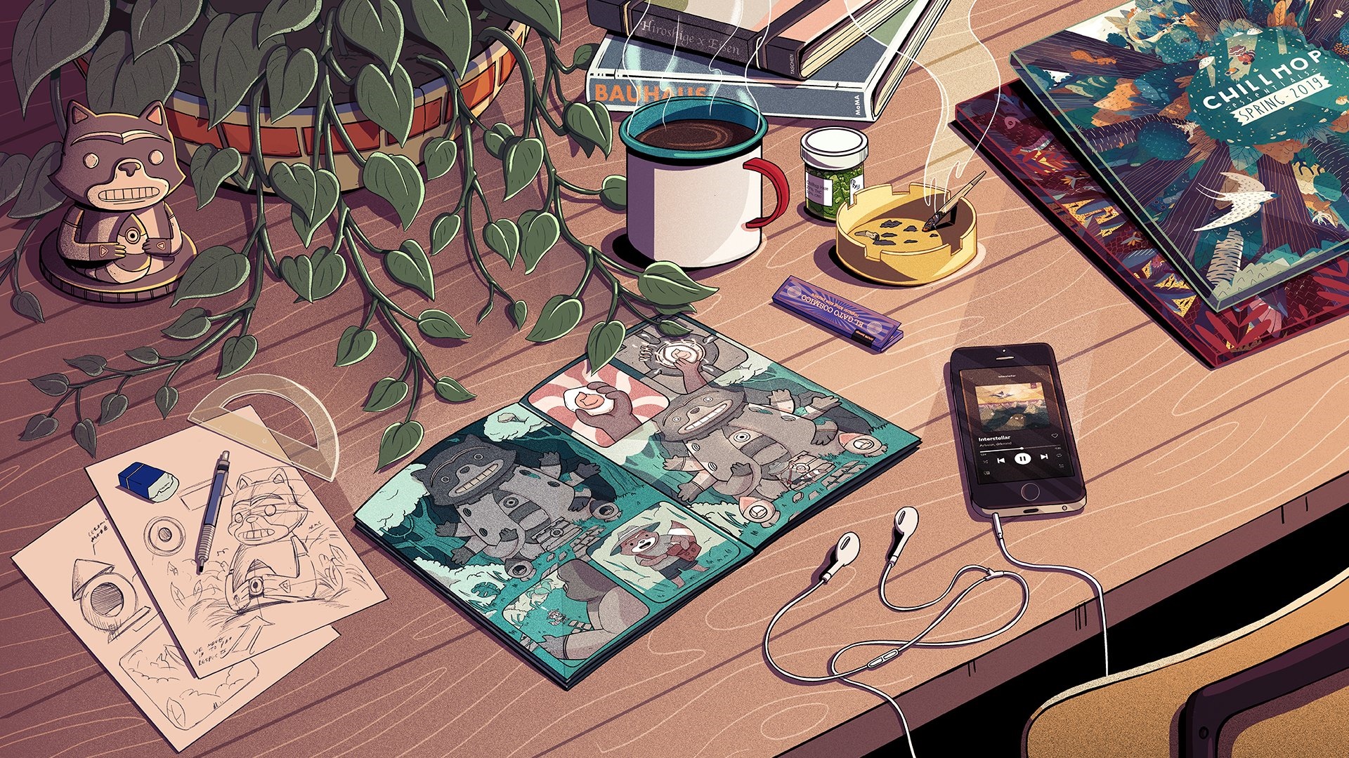 Chillhop Music iPhone and Plant on Desk HD Wallpaper