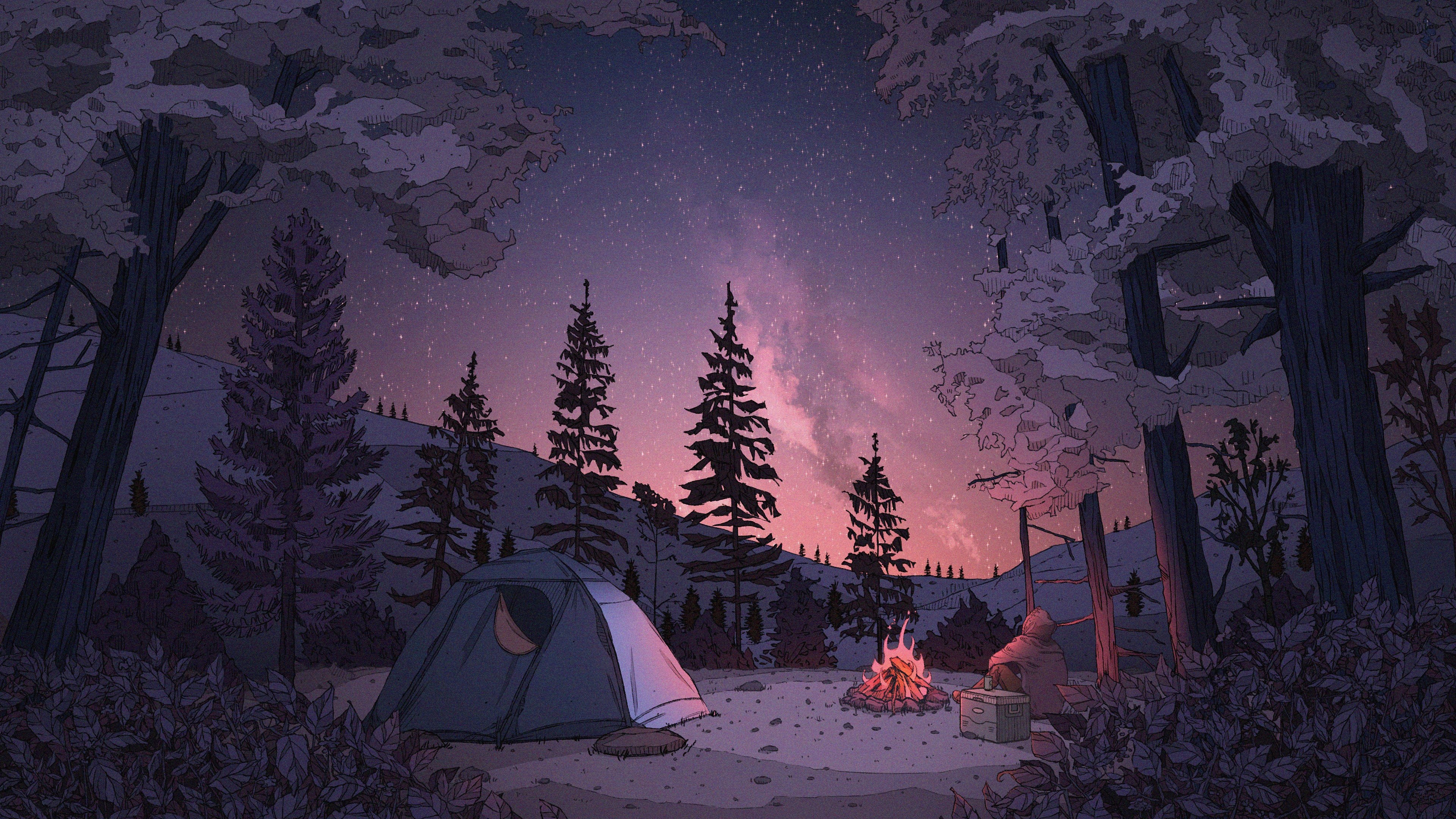 4K LoFi Chillhop Music Forest Campfire HD Wallpaper