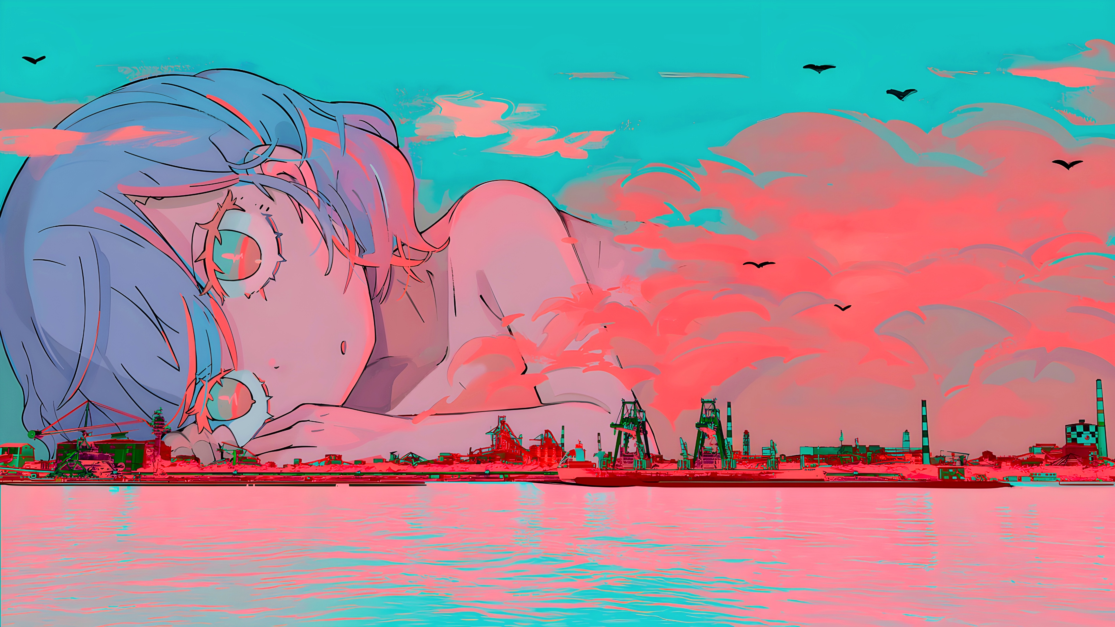 Giant girl lying on side overlooking industrial waterfront HD Wallpaper