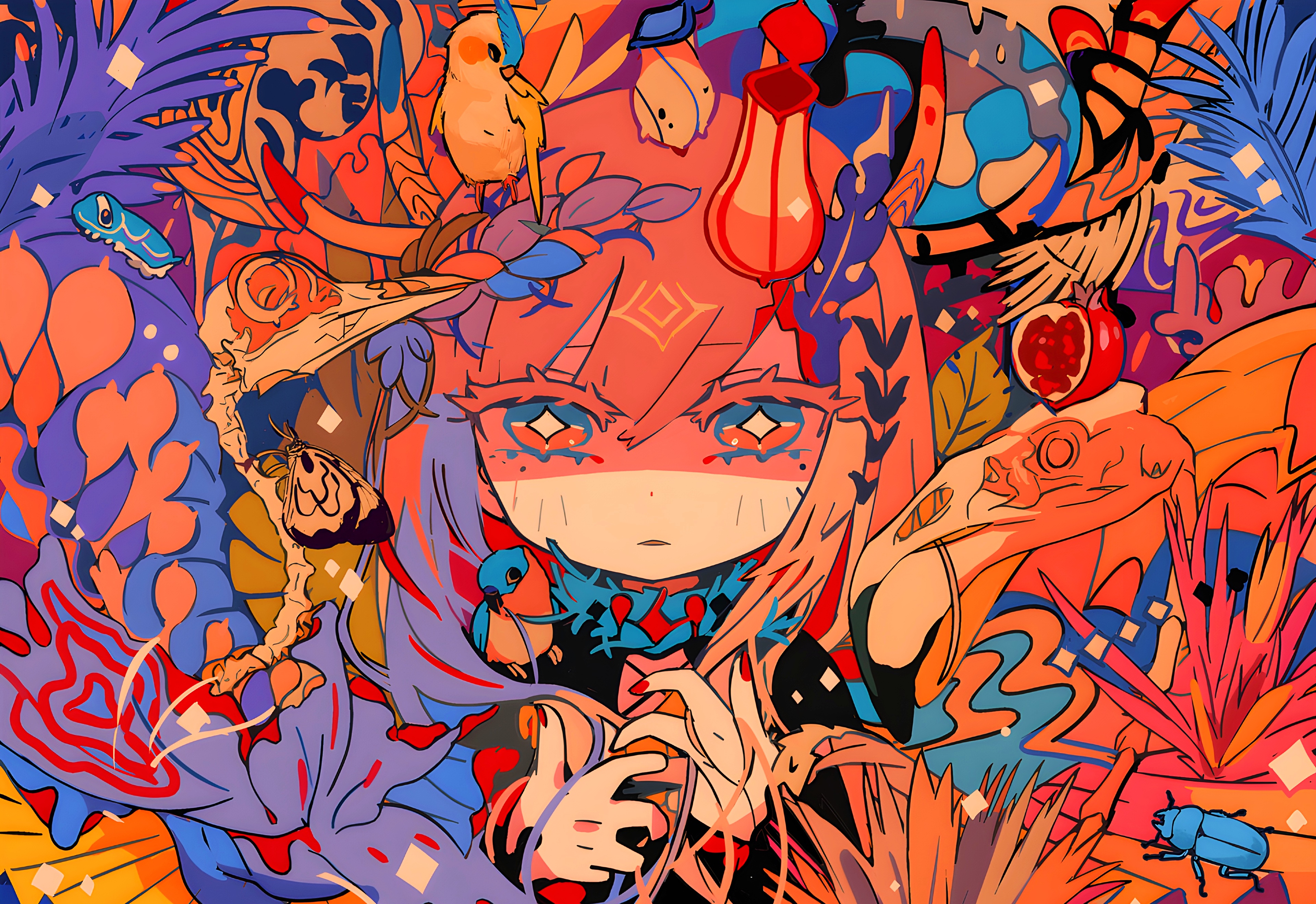 4K colorful illustration of anime girl with insects and fruit HD Wallpaper