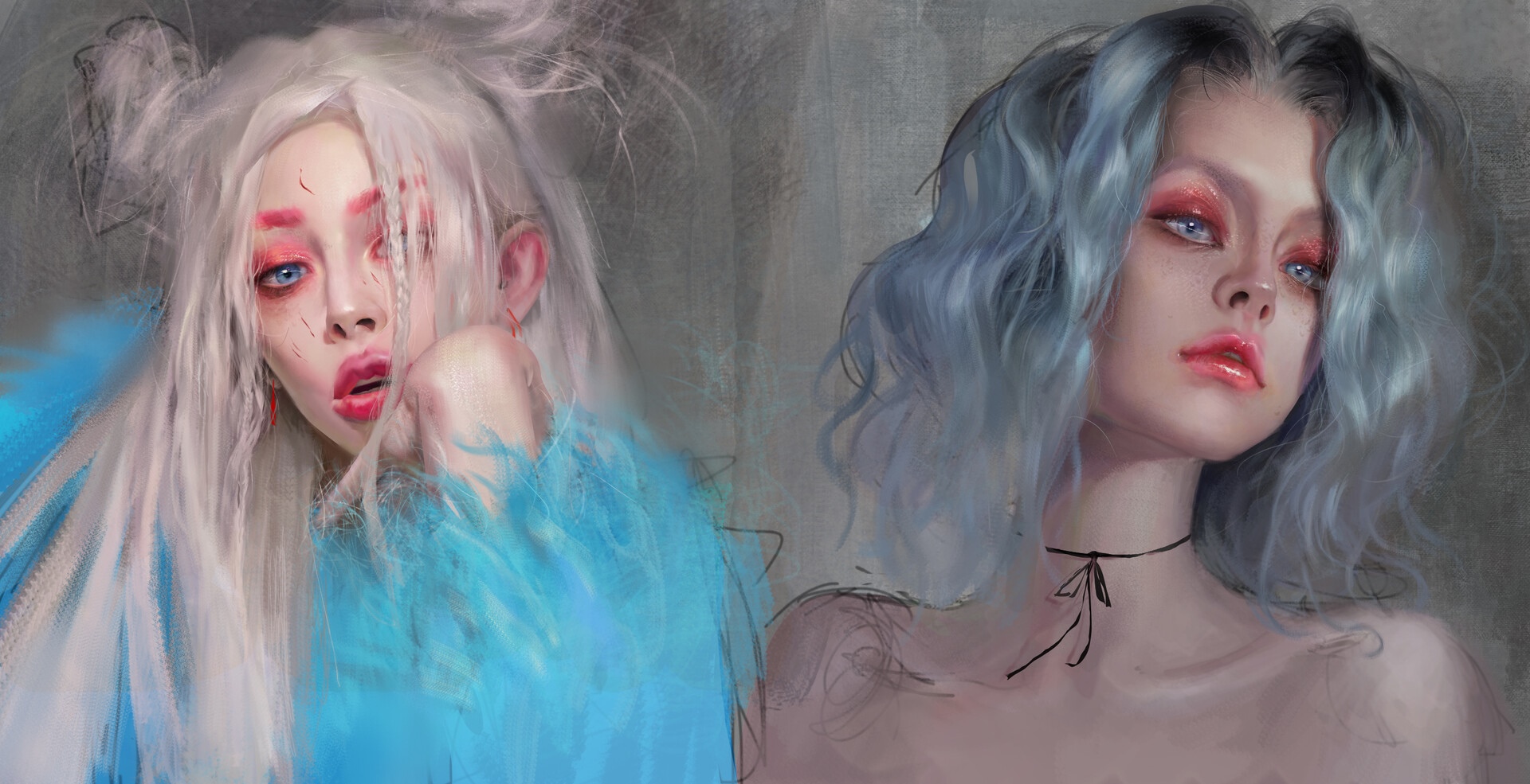 Two women with dramatic makeup and colorful hair HD Wallpaper