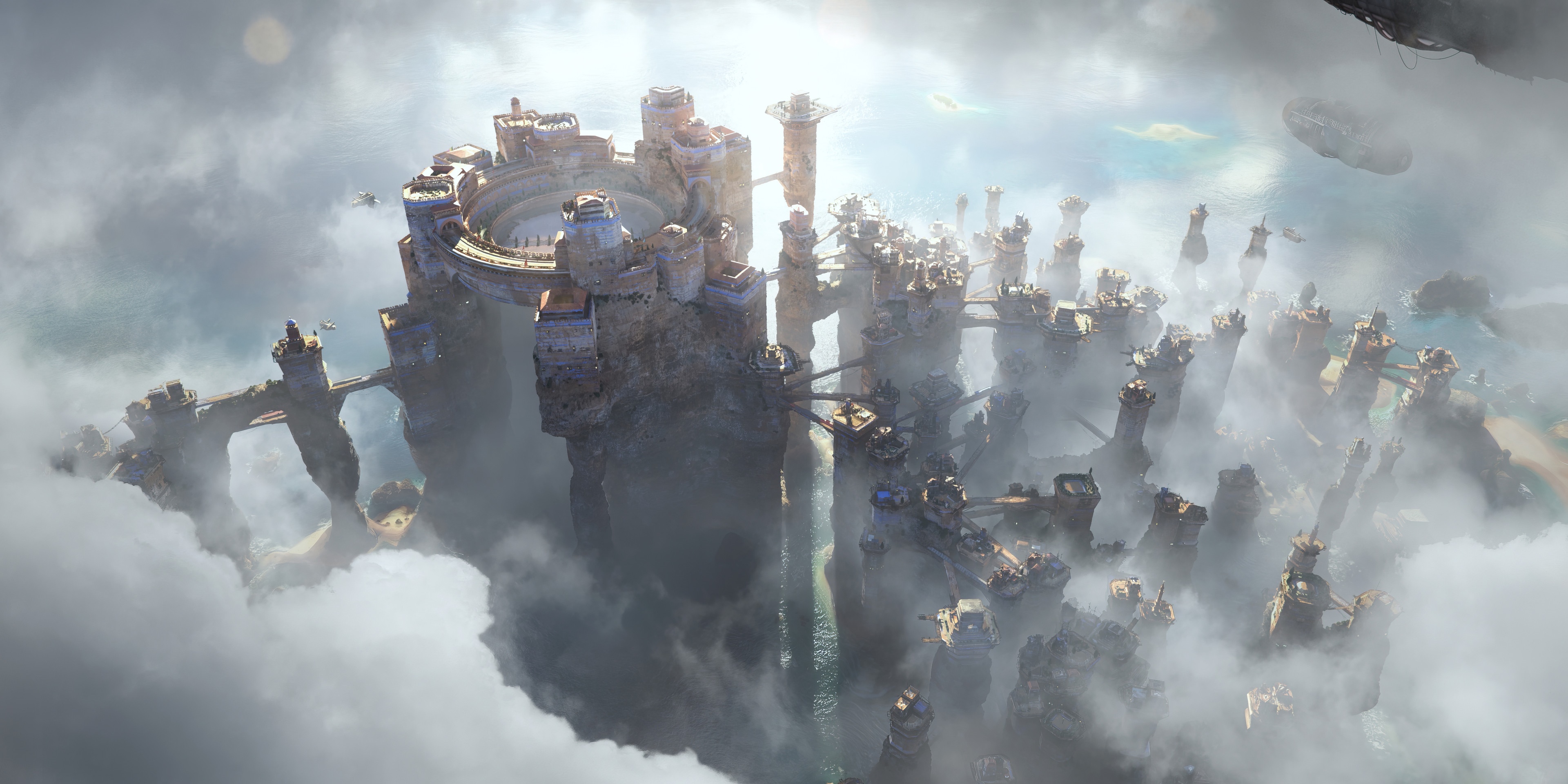 Fantasy city built on rocky islands in the clouds HD Wallpaper