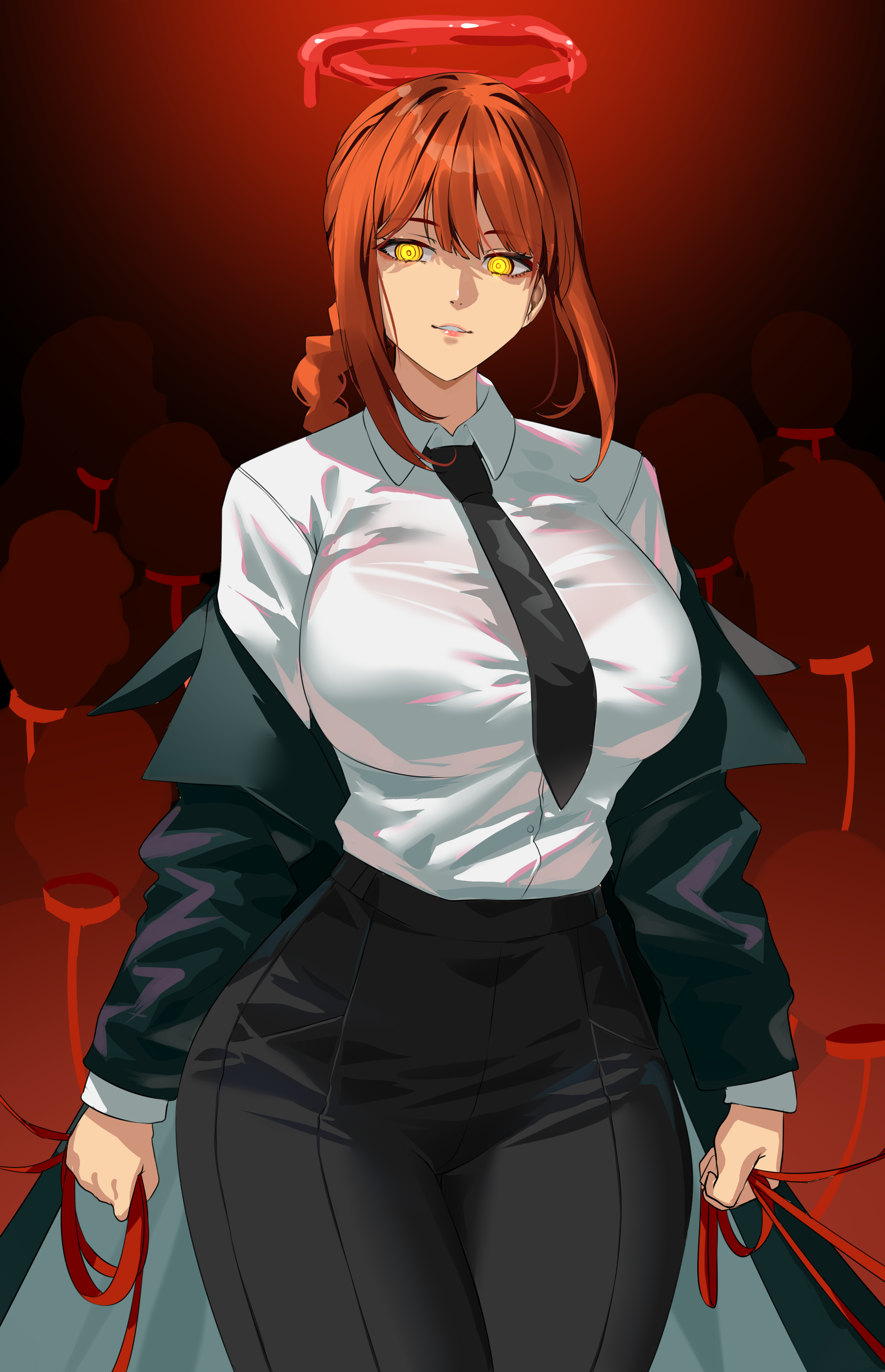 Makima from Chainsaw Man with yellow eyes and red halo HD Phone Wallpaper