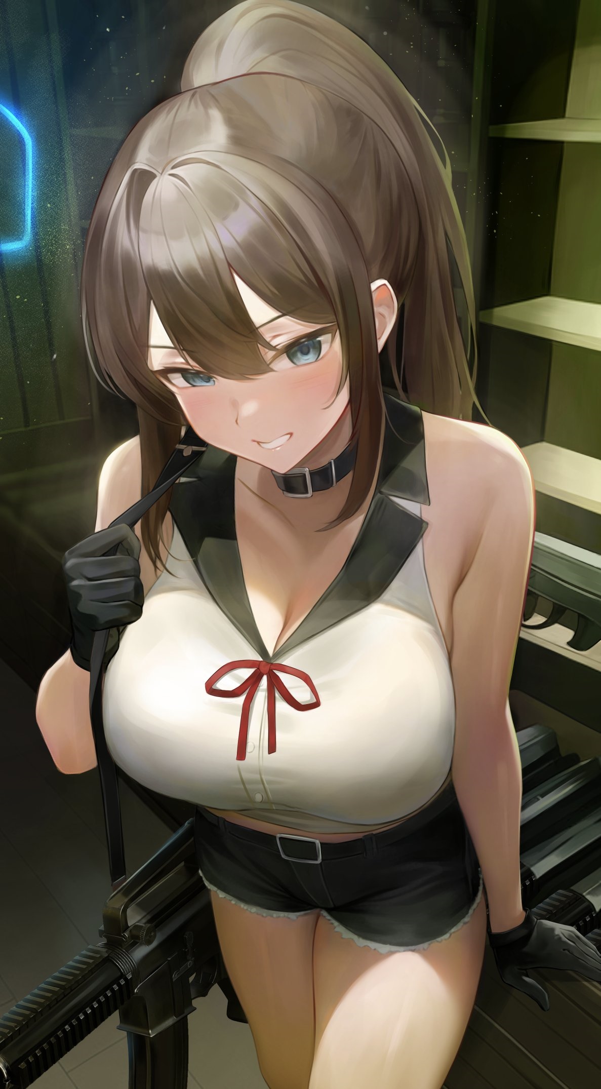 Brunette girl with blue eyes and guns HD Phone Wallpaper