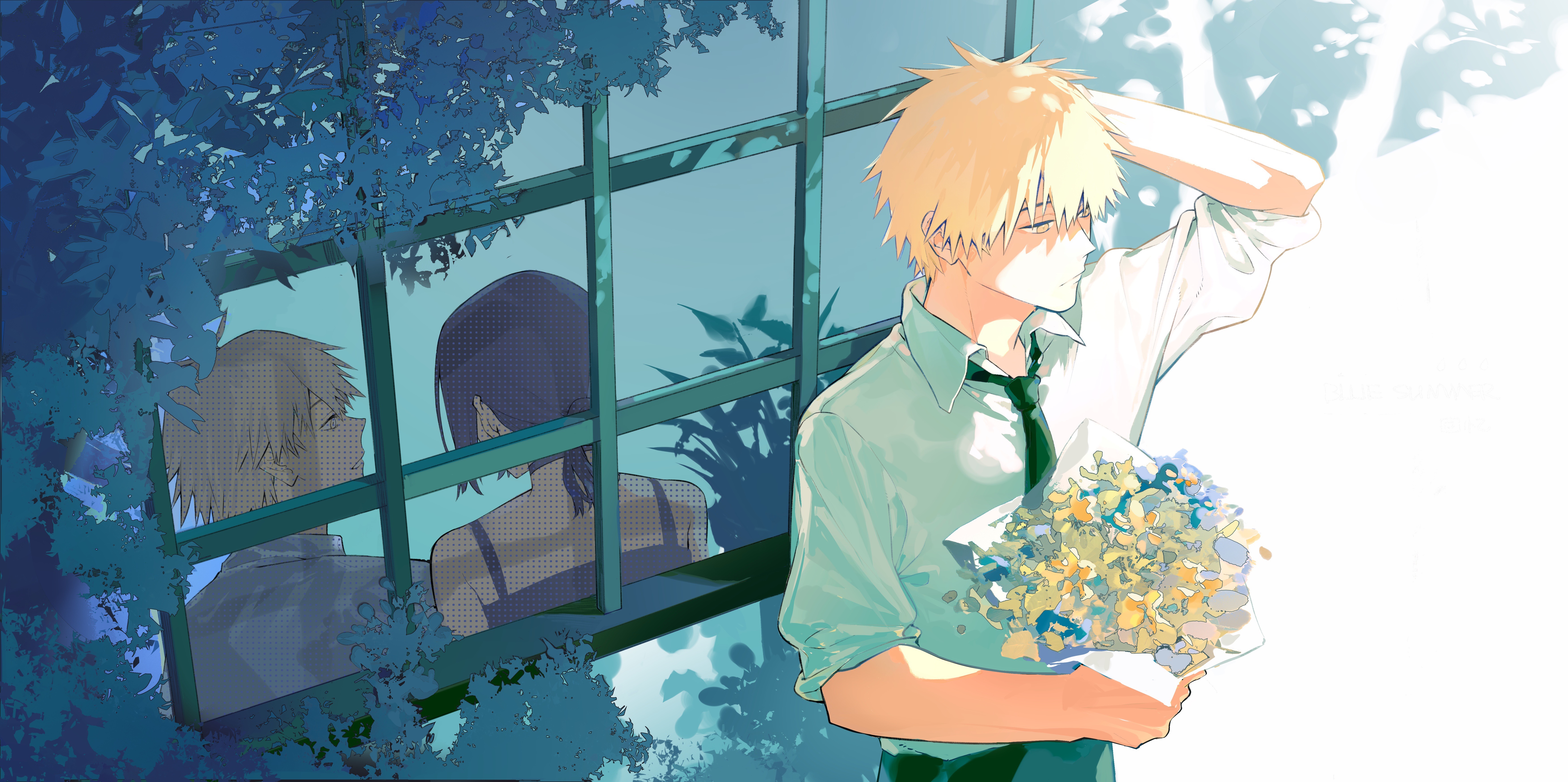 Chainsaw Man Denji and Reze with Flowers HD Wallpaper