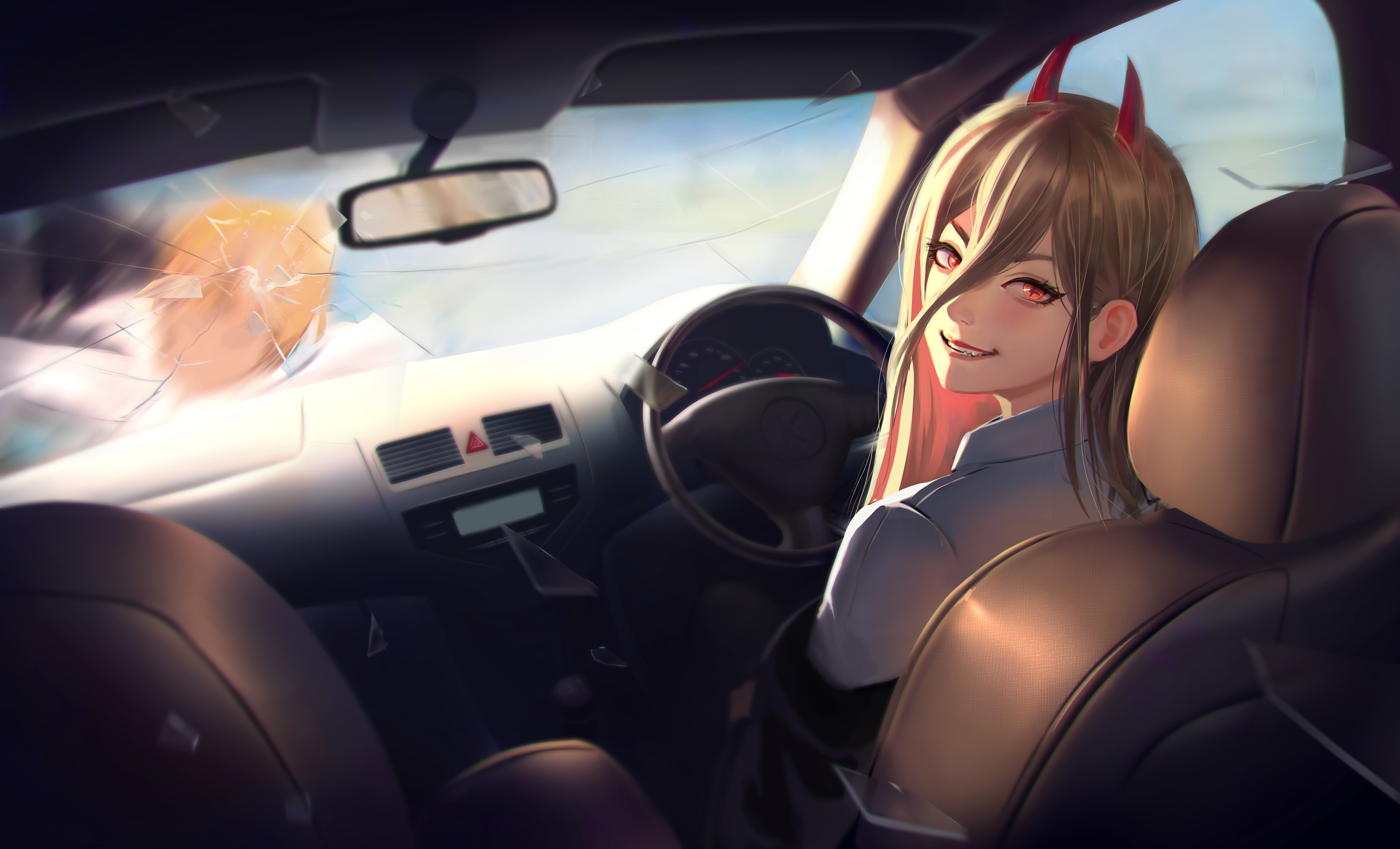 Power in a car interior, Chainsaw Man HD Wallpaper