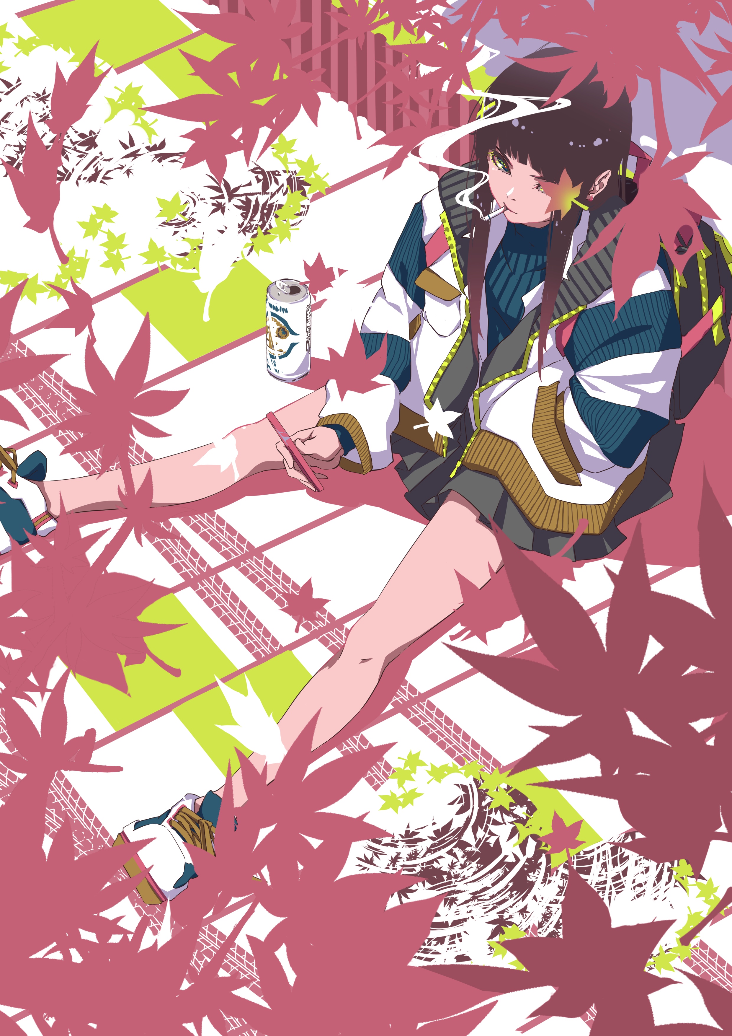 Anime girl smoking with soda and leaves HD Phone Wallpaper