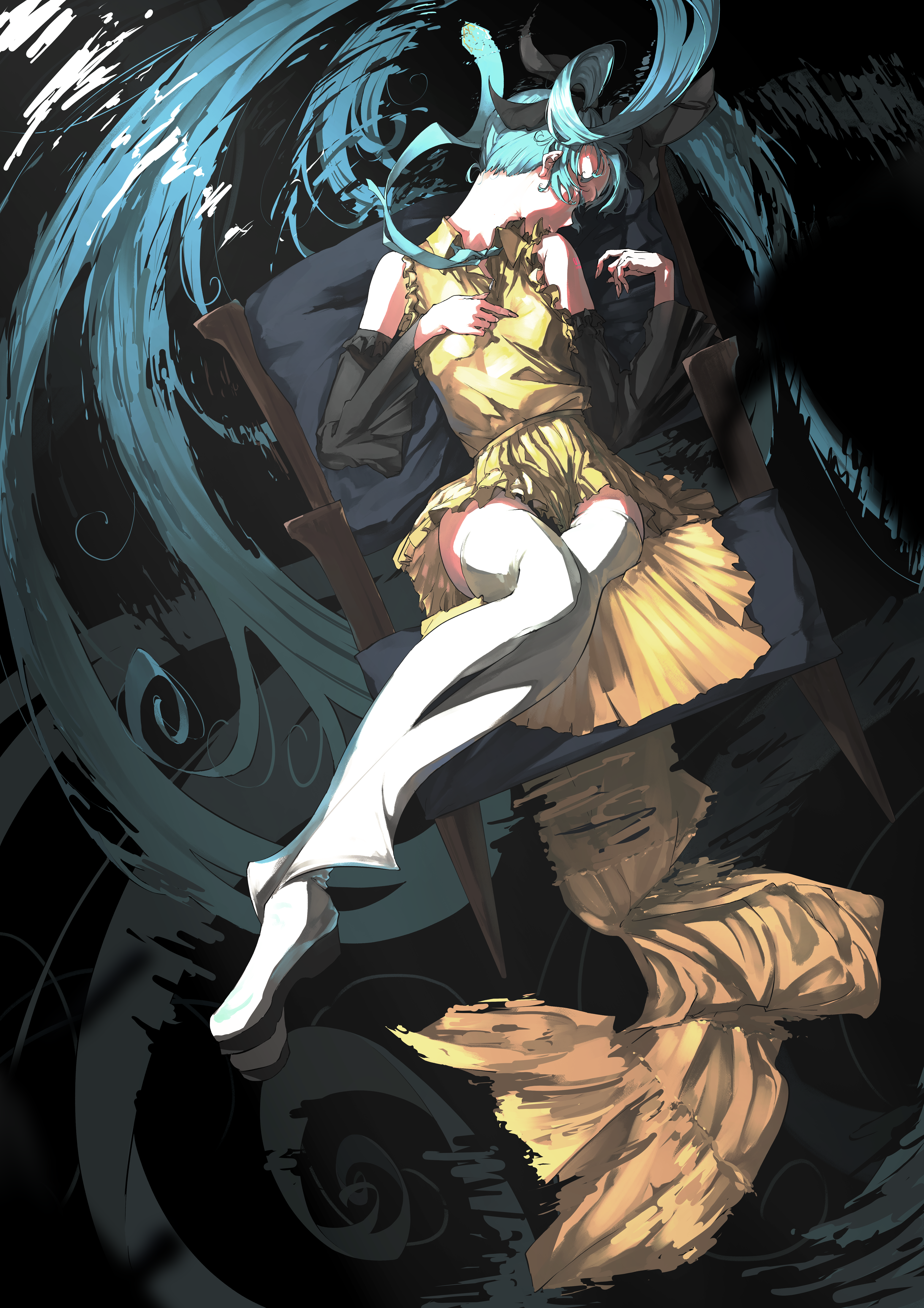 Hatsune Miku in a yellow dress on a chair HD Phone Wallpaper