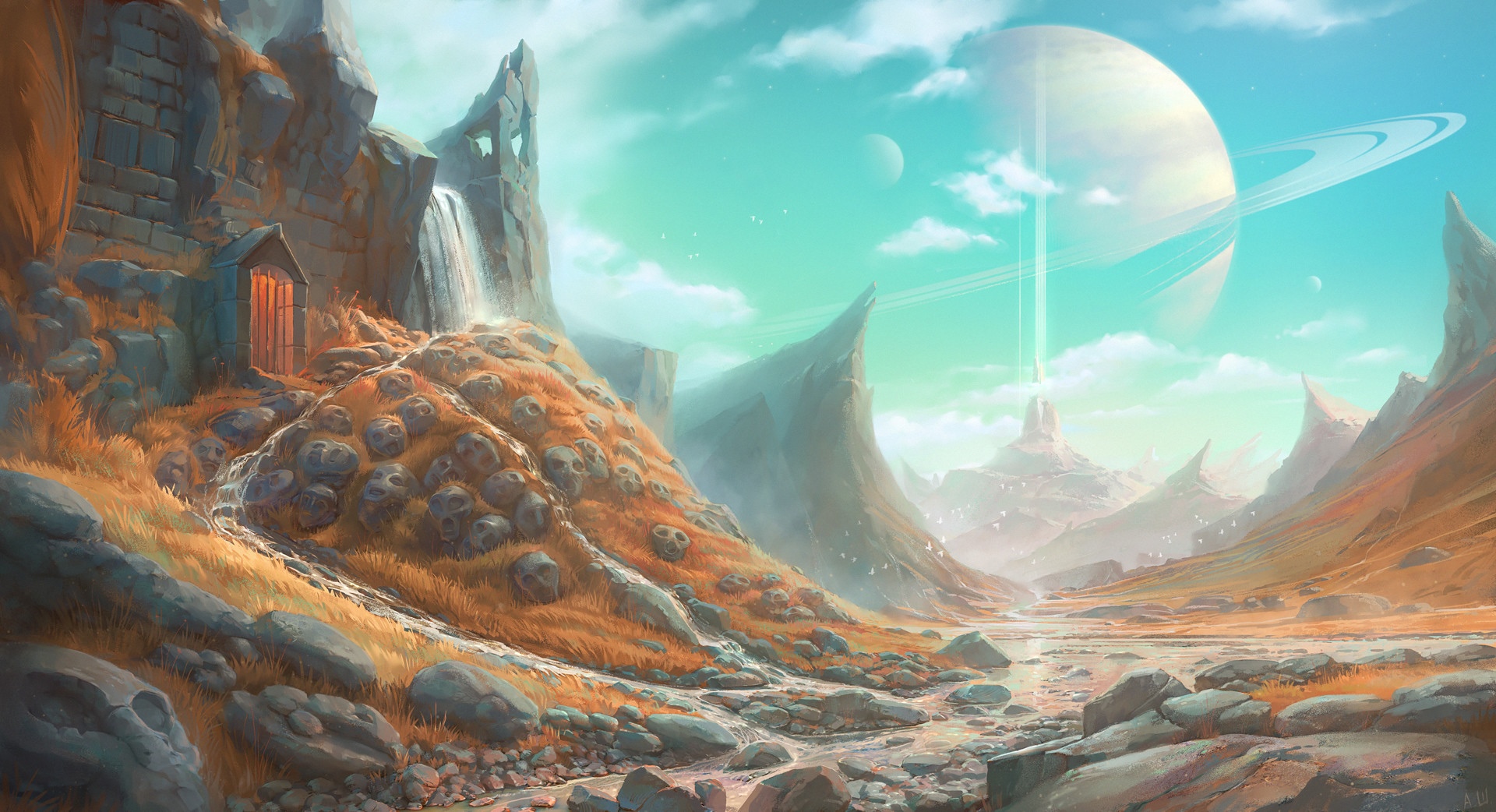 Fantasy landscape with alien planet and ruins HD Wallpaper